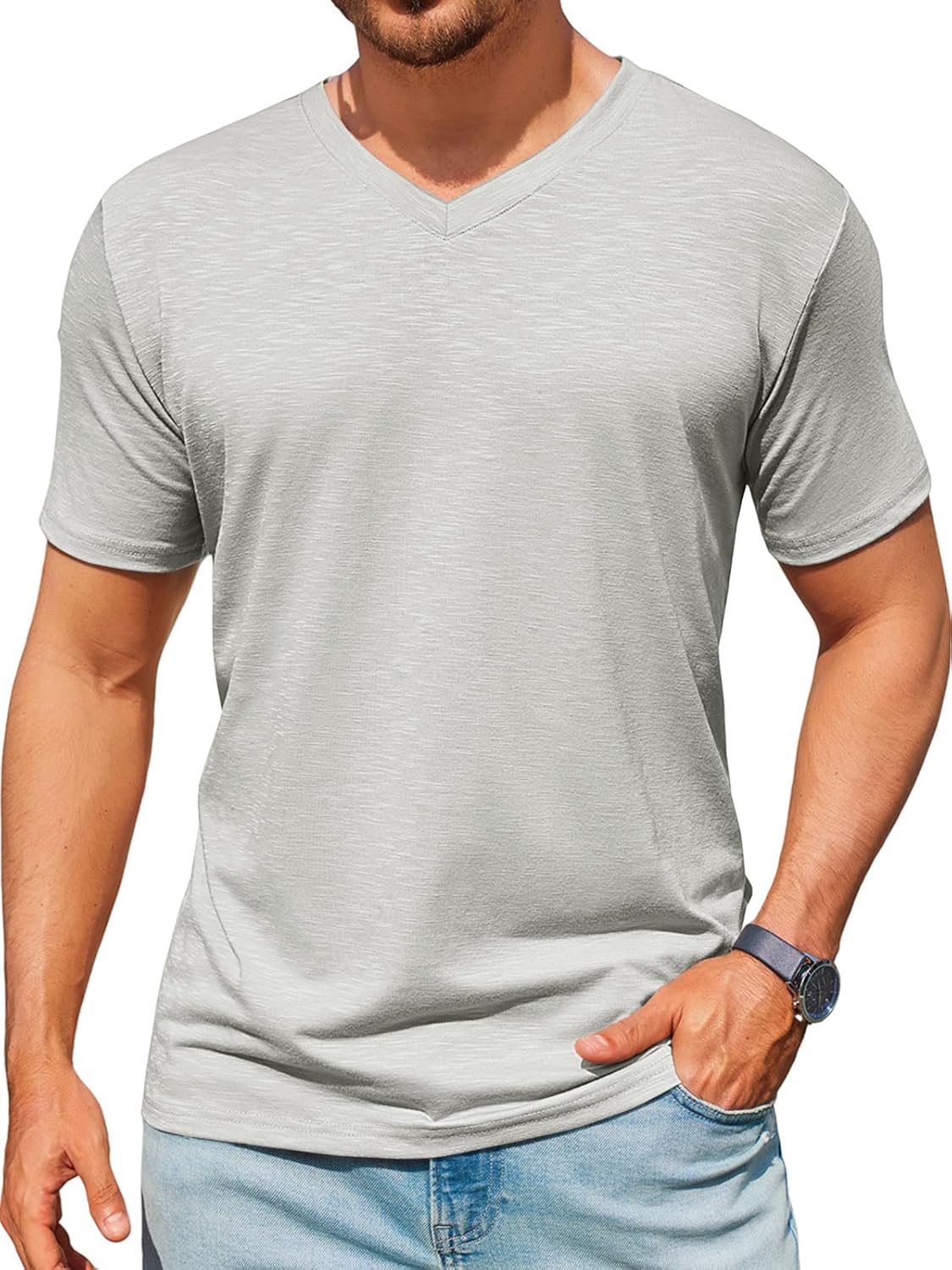 Runcati Mens T-Shirts Short Sleeve V Neck Casual Classic Shirt Summer Stretchy Regular Fit Lightweight Tees