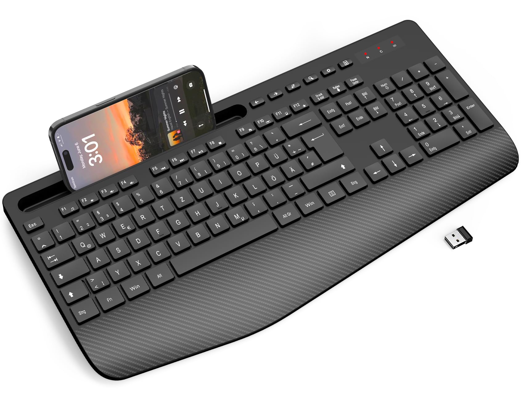 SABLUTE Kabellose Tastatur mit Handballenauflage, ergonomische Full-Size Tastatur mit Telefonhalter, Schlafmodus, 18 Multimedia-Tasten, leise 2,4 GHz Funktastatur für Windows, PC, Laptop, KN213