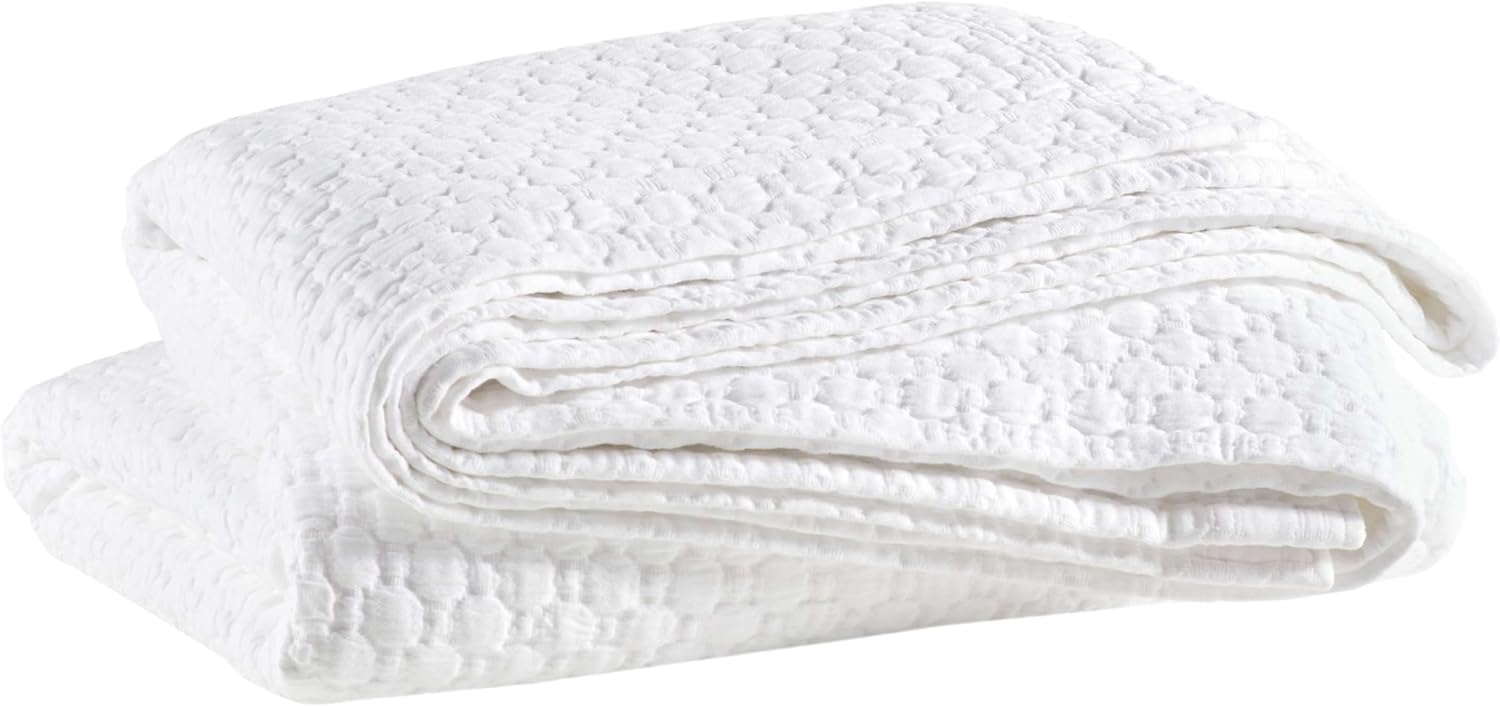 Pine Cone Hill Lodi, White, Solid, Queen Sized, Matelassé Coverlet,100% Cotton, Stonewashed Texture, Made in Portugal, Year-Round Lightweight Bedding