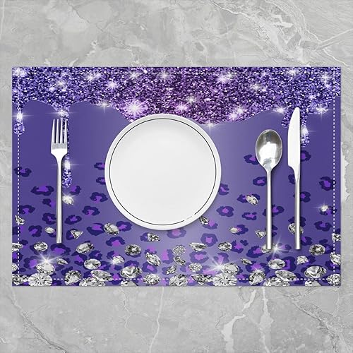 Miniatura 2 de Juego de 4 manteles individuales de 18 x 12 pulgadas con diseño de leopardo y diamantes con purpurina, color morado y plateado brillante para