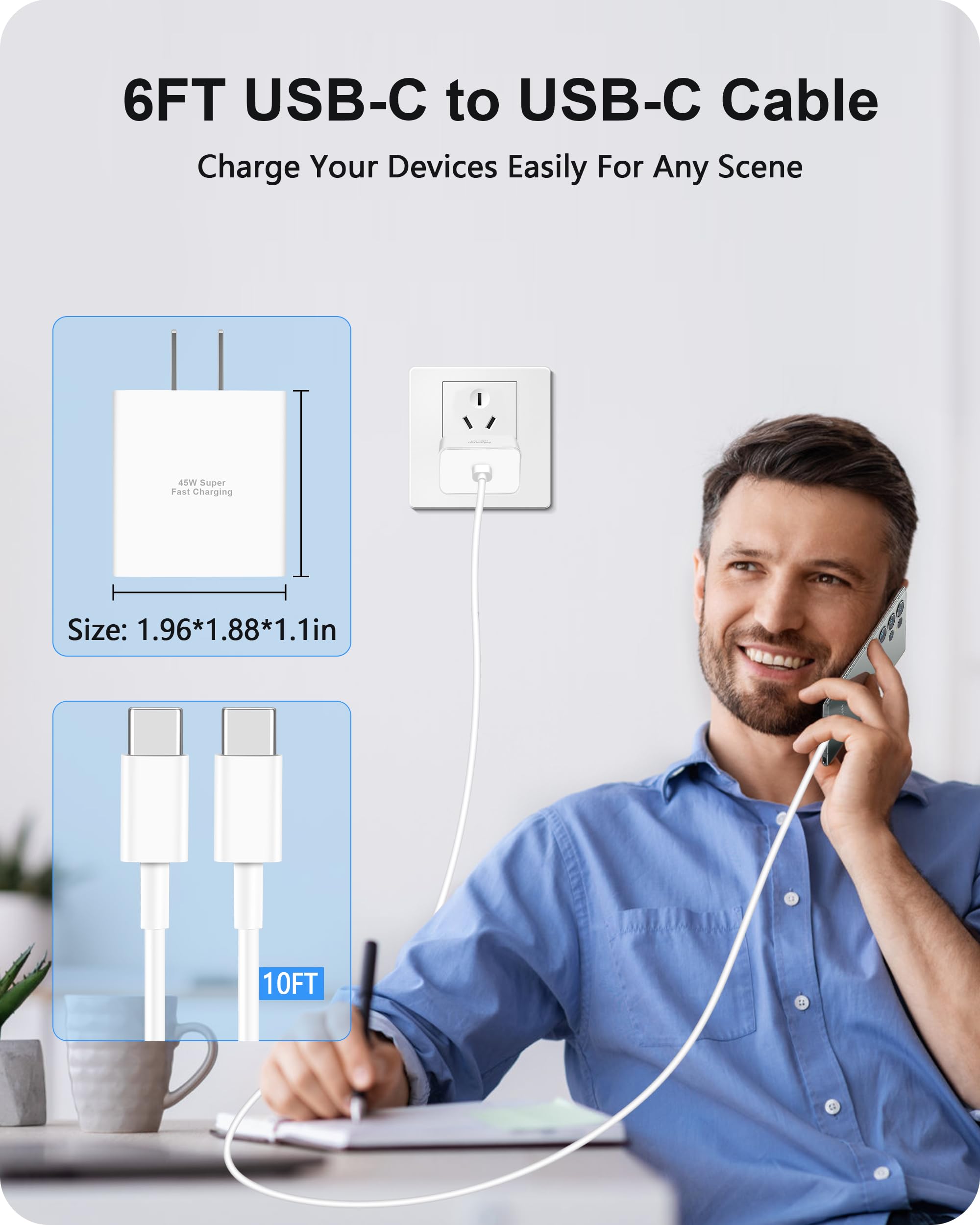 Pixel 10 9 8 7 6 Cargador de carga rápida, bloque de carga USB C de 45 W con cable tipo C de 6 pies, PD 3.0 carga súper rápida para Google Pixel 10/10 Pro XL/10 Pro Fold/9/9 Pro XL/8/8a/8 Pro/7/6/5/4