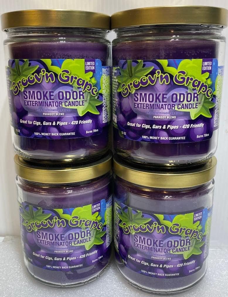 Smoke Odor Exterminator 13 oz Jar Candle, Groov'n Grape, Set of 4 Candles.