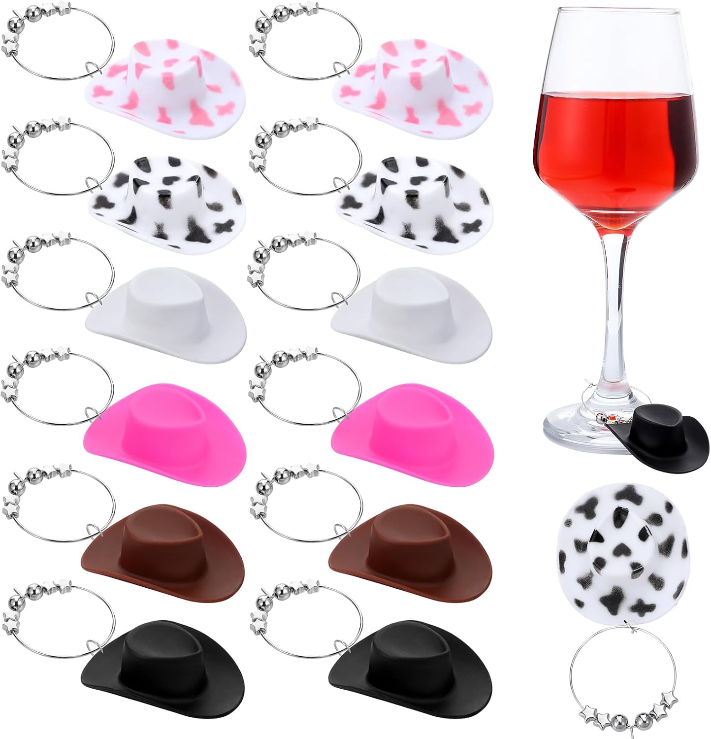 Novabright 12 Pcs Western Wine Glass Charms Cowboy Cowgirl Hat 6 Styles Plastic Drink Marker for Stem Glasses Pendants for Bachelorette Tasting Party Favor Drinks Decor Supplies