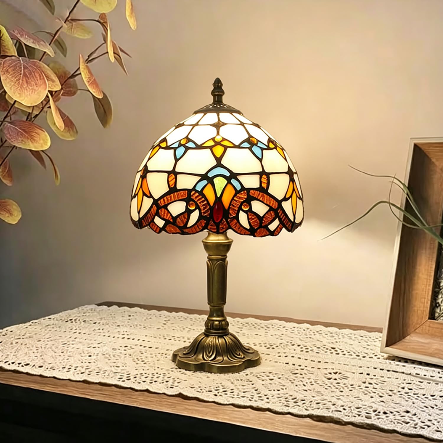 XINYASEE Lámpara Tiffany,lámpara de noche retro vintage,pantalla de vidrio de color, lámpara de mesita de noche barroca,para sala de estar, dormitorio, estudio, oficina (A)