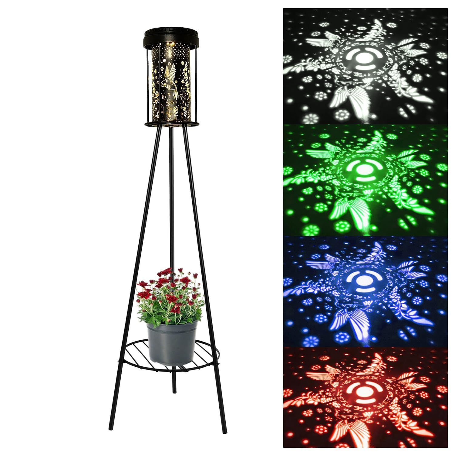 Solar Lights with Plant Stand 1 Pack, RGB 5 Modes &amp; 3000K Warm White, Hummingbird Projection, USB-C Charging, IP44 Waterproof Floor Lamp for Porch Patio Garden Entryway Walkway Yard Decor