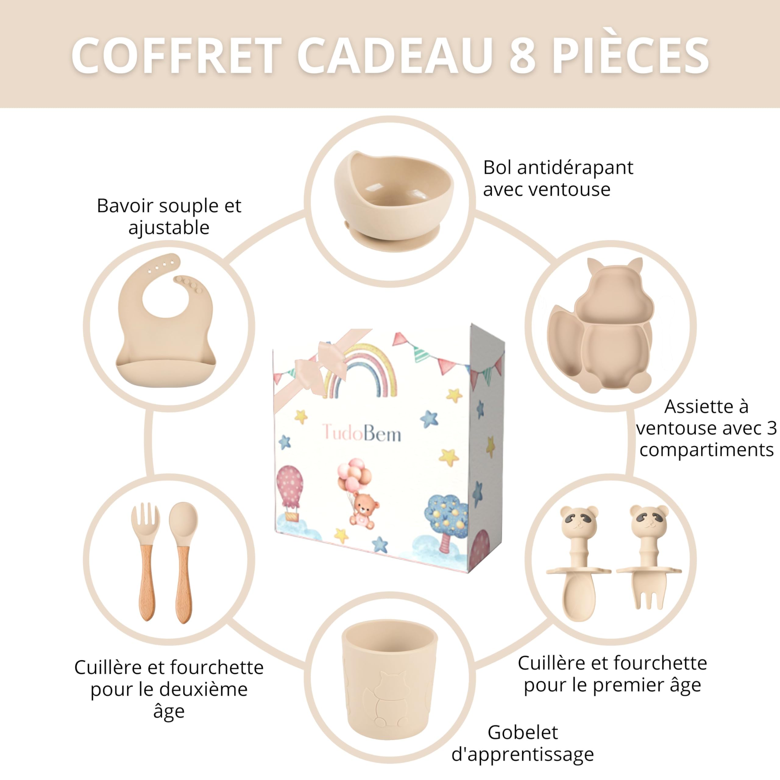 TudoBem Coffret Repas Bebe Accessoire 8 Pièces Set Vaisselle Bebe 1er age Assiette Bebe Bol Ventouse Bébé Cadeau Bebe Garcon Vaisselle Enfant Complete Beige