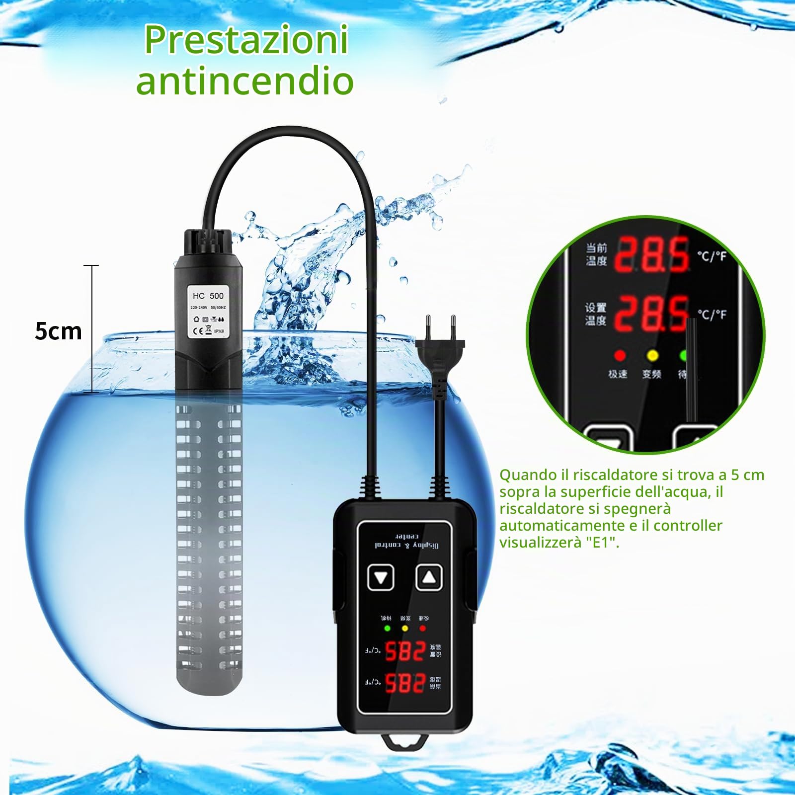 HUIZHOU Riscaldatore per Acquari (15-34 °C), Termostato per Acquari e Vasche per Pescicon Regolatore di Temperatura Usato per L'acquario (500W)