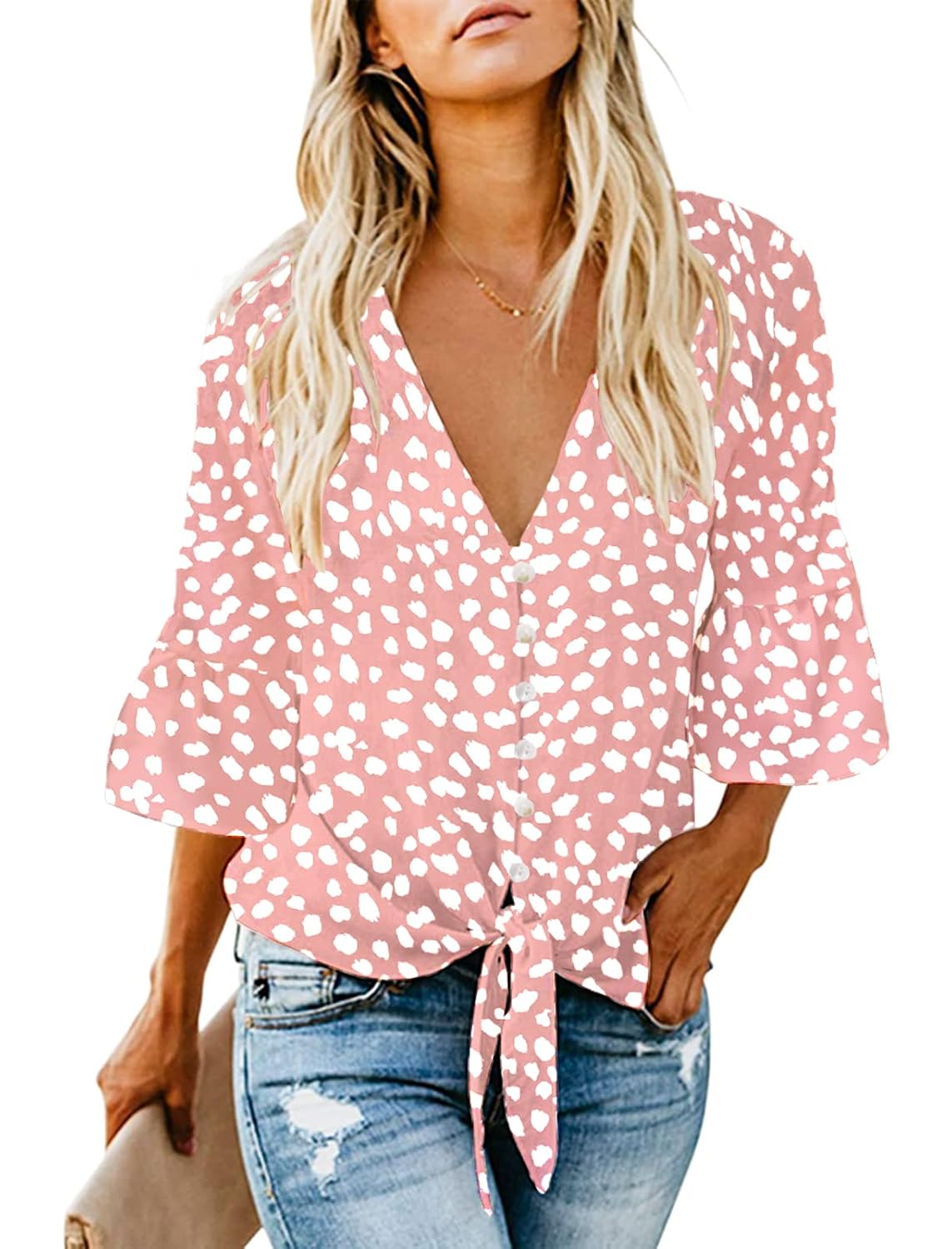 Kancystore Womens Button Down V Neck Tie Knot Front Tops 3/4 Sleeve Chiffon Casual Blouse Shirts - Review, Price and Buying Guide