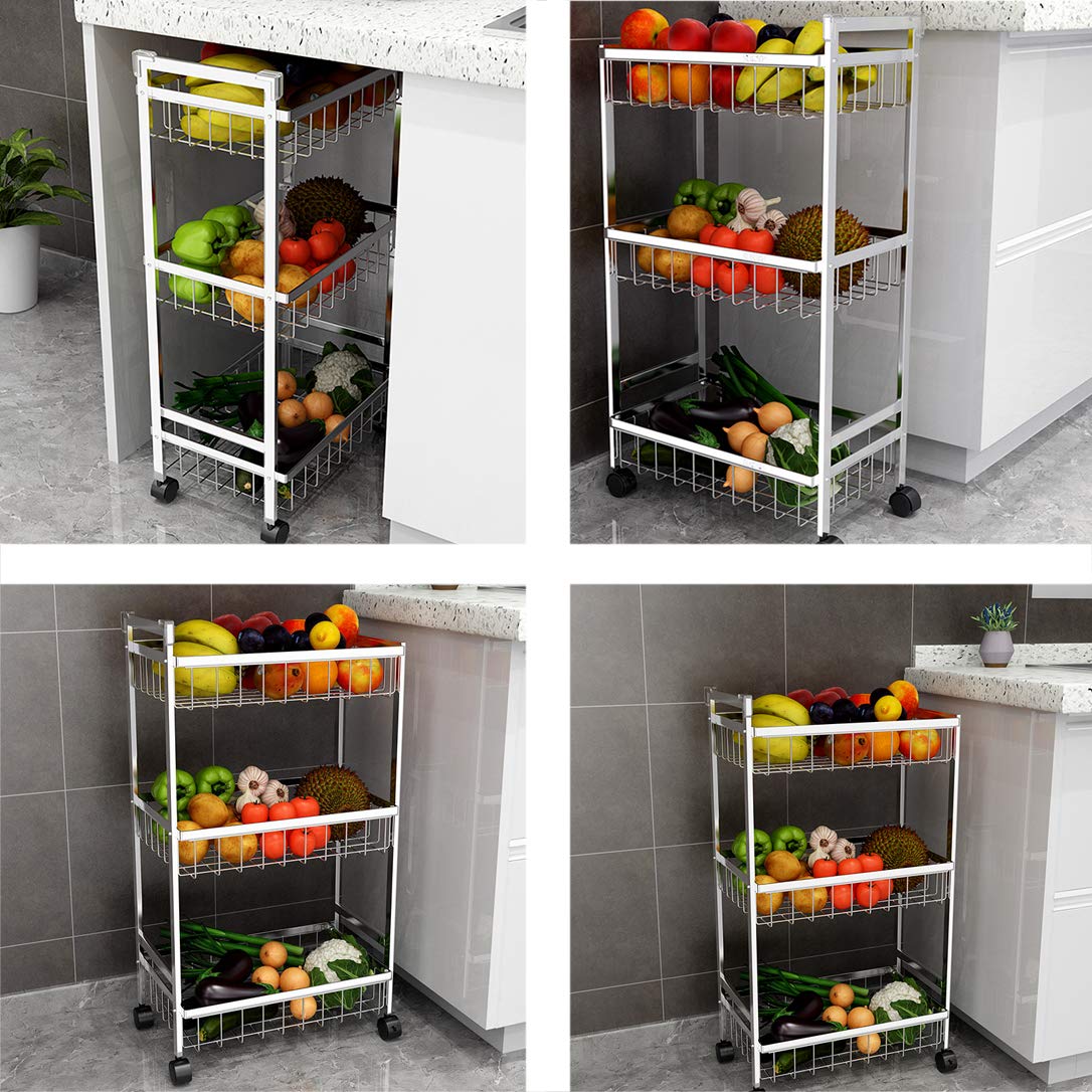 ZYFA Carrello Cucina a 3 Piani Servizio,con Rotelle Bloccabili, Scaffale Portaoggetti Mobile in Acciaio,Carrello Portaoggetti Multiuso, Carrello Salvaspazio, Scaffale Rete Metallica Contenitori