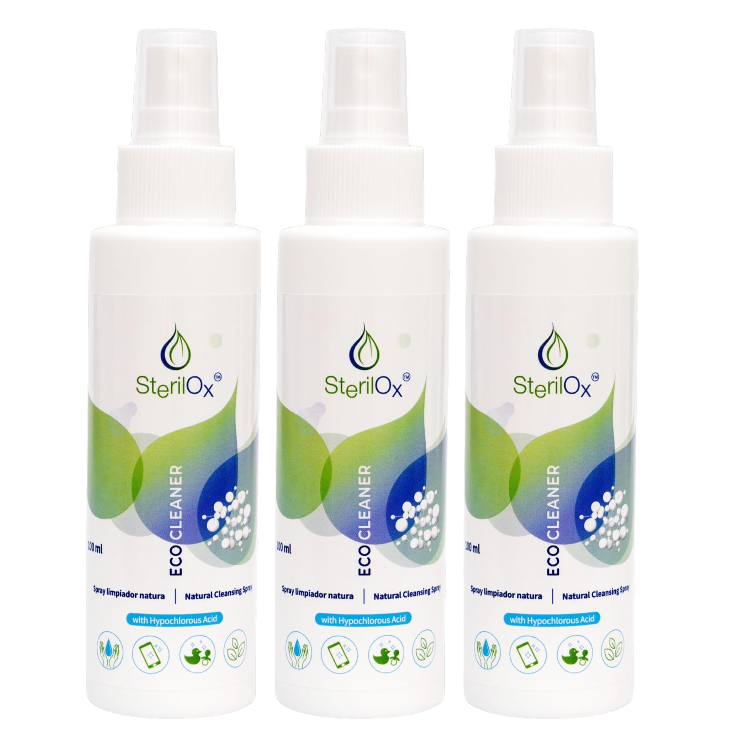 Spray HOCl para Manos, Piel y Accesorios Pack 3×100 ml | Limpieza suave de manos, piel, juguetes y accesorios. Sin alcohol ni perfume.