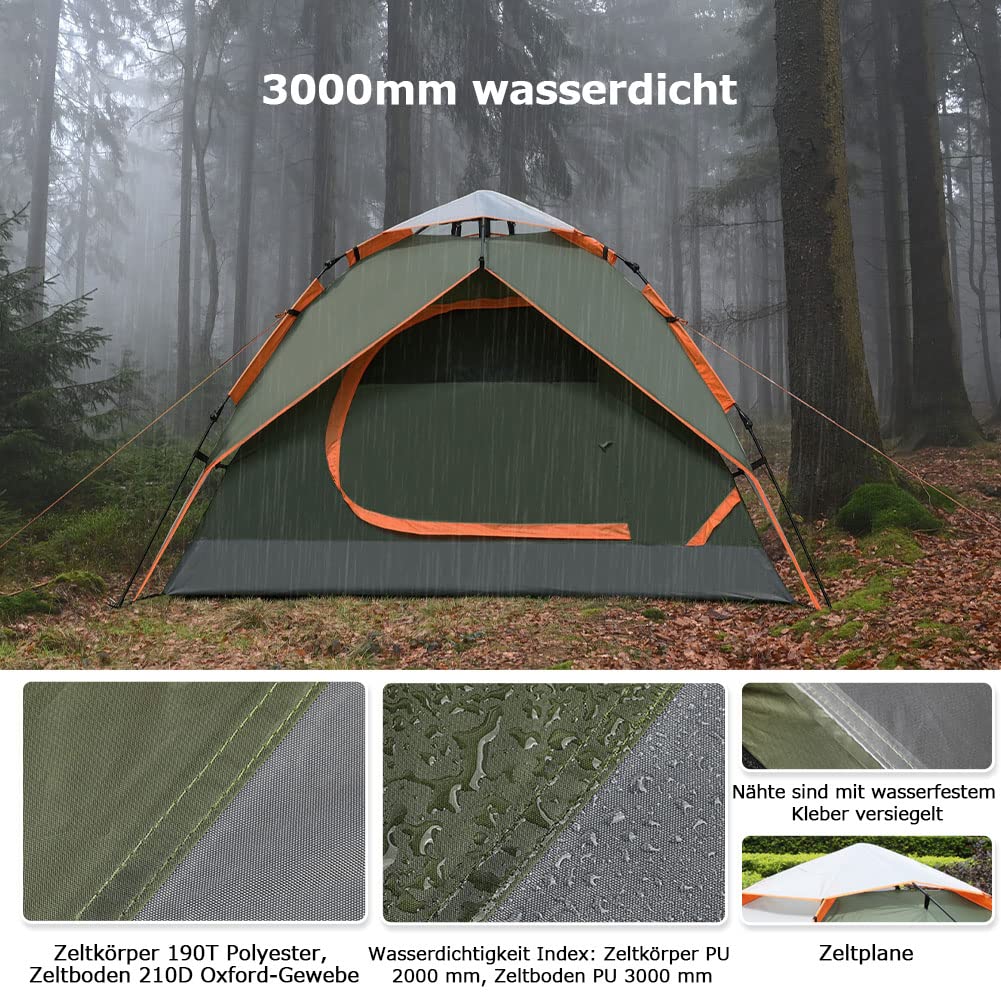 Camping Zelt Automatisches 3 Personen Instant Zelt Pop Up Zelt | 4 Jahreszeiten Winddicht Wasserdicht Kuppelzelt mit 2 Mesh-Tür, 2 Mesh-Fenster, 2 in 1 Doppelschichten, Tasche für Familie