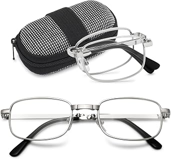 VEVESMUNDO Folding Reading Glasses Lightweight Rectangular Metal Frame Pocket Foldable Readers with Case