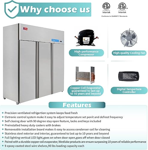 Miniatura 4 de WESTLAKE Congelador comercial de 72 pulgadas de ancho, 3 puertas, 3 secciones, de acero inoxidable, ventilador de alcance de refrigeración de 54