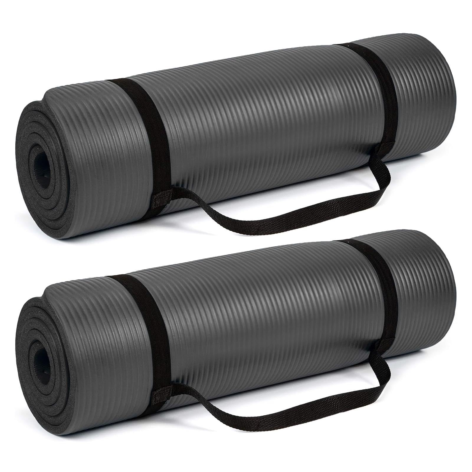 simpa Multi-Purpose Exercise & Yoga Mat. Black Extra Thick 12mm NBR Foam Non-Slip Yoga Mat 183cm (L) x 60cm (W) with Carry Strap. Set of 2.