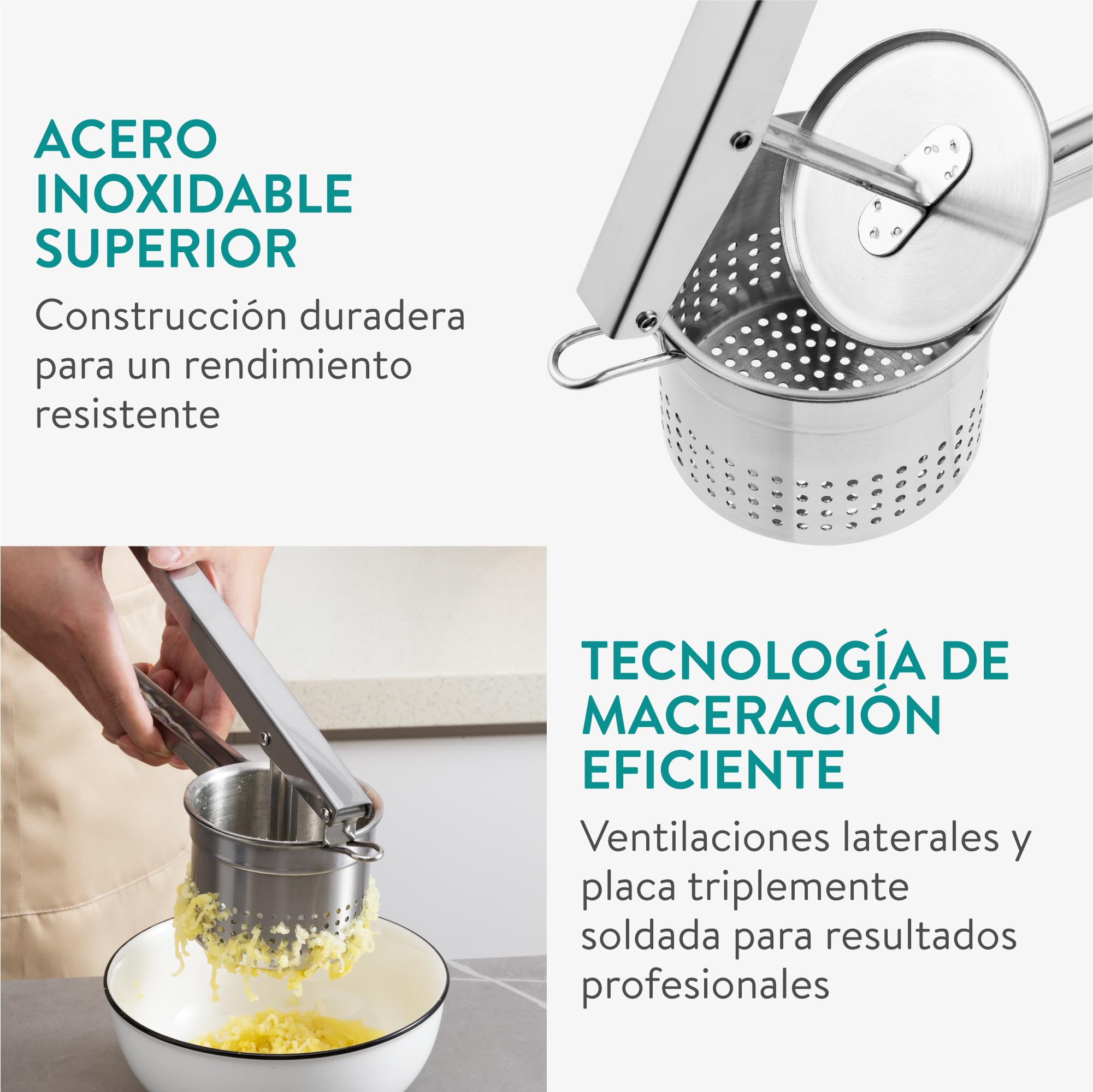 Navaris Pasapurés de acero inoxidable con tres discos incluidos - Colador profesional de cocina de Ø 30 CM - Para puré de patatas o potas para bebés