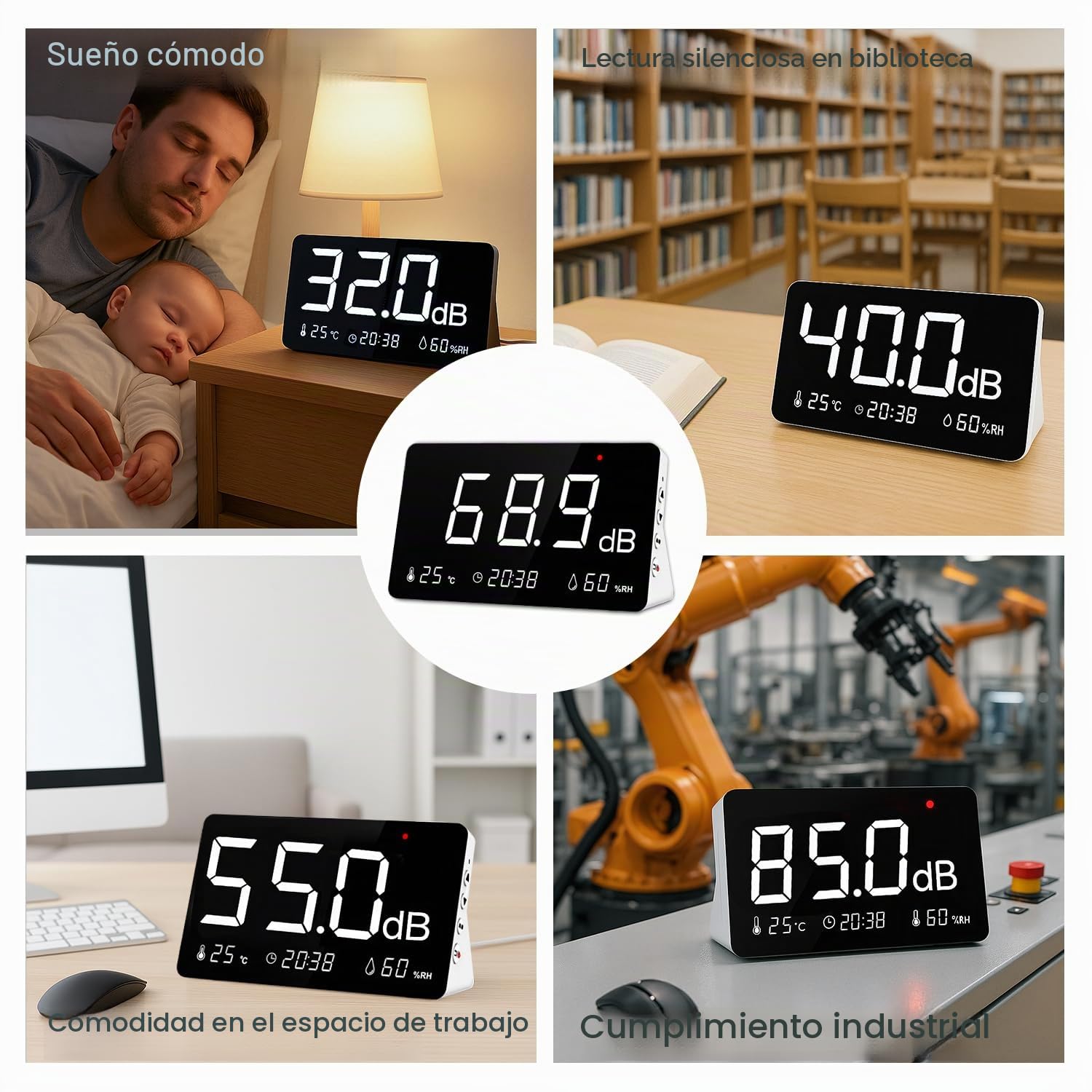 ‌LYCEBELL Medidor de nivel de sonido con registro de datos y exportación de 26 000, medidor digital de decibelios de ruido de 30-130 dB con alarma, peso A, recargable para casa, alquiler turístico