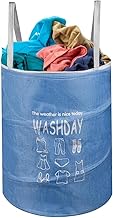 سلة غسيل قماشية دائرية بسعة 45 لتر، سلة تخزين مرنة وقابلة للطي ومقاومة للماء، ومزودة بغطاء بسحاب بلاستيكي مقاوم للصدأ، مثالية لتخزين الملابس والالعاب وتنظيم المساحة (ازرق)