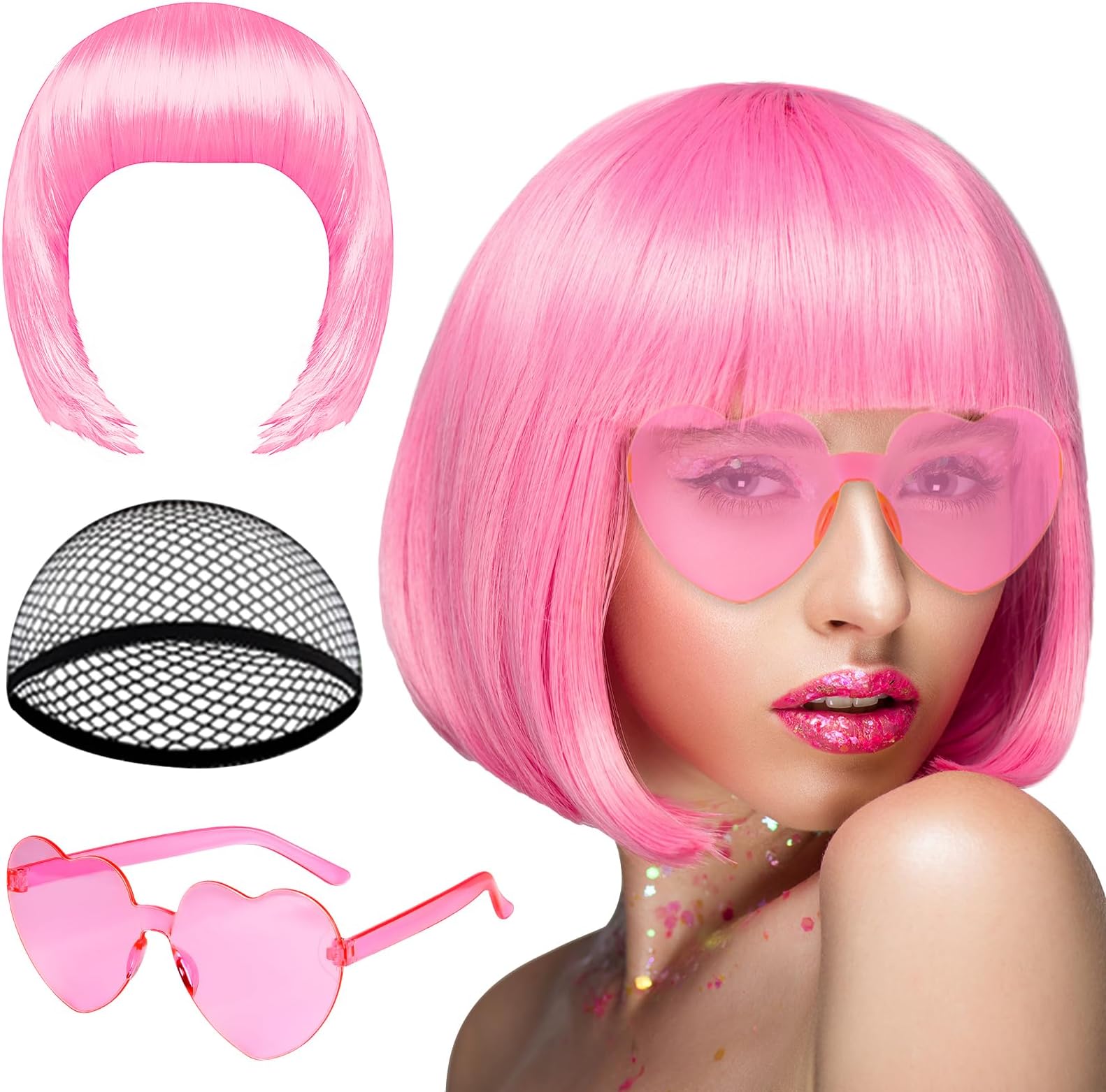 PLULON Pink Short Bob Wig and Sunglass Set, Neon Short Bob Wig Sunglass Pack Costume Colorful Cosplay Wig Hairpieces for Bachelorette Neon Party Favors, Halloween Decorations