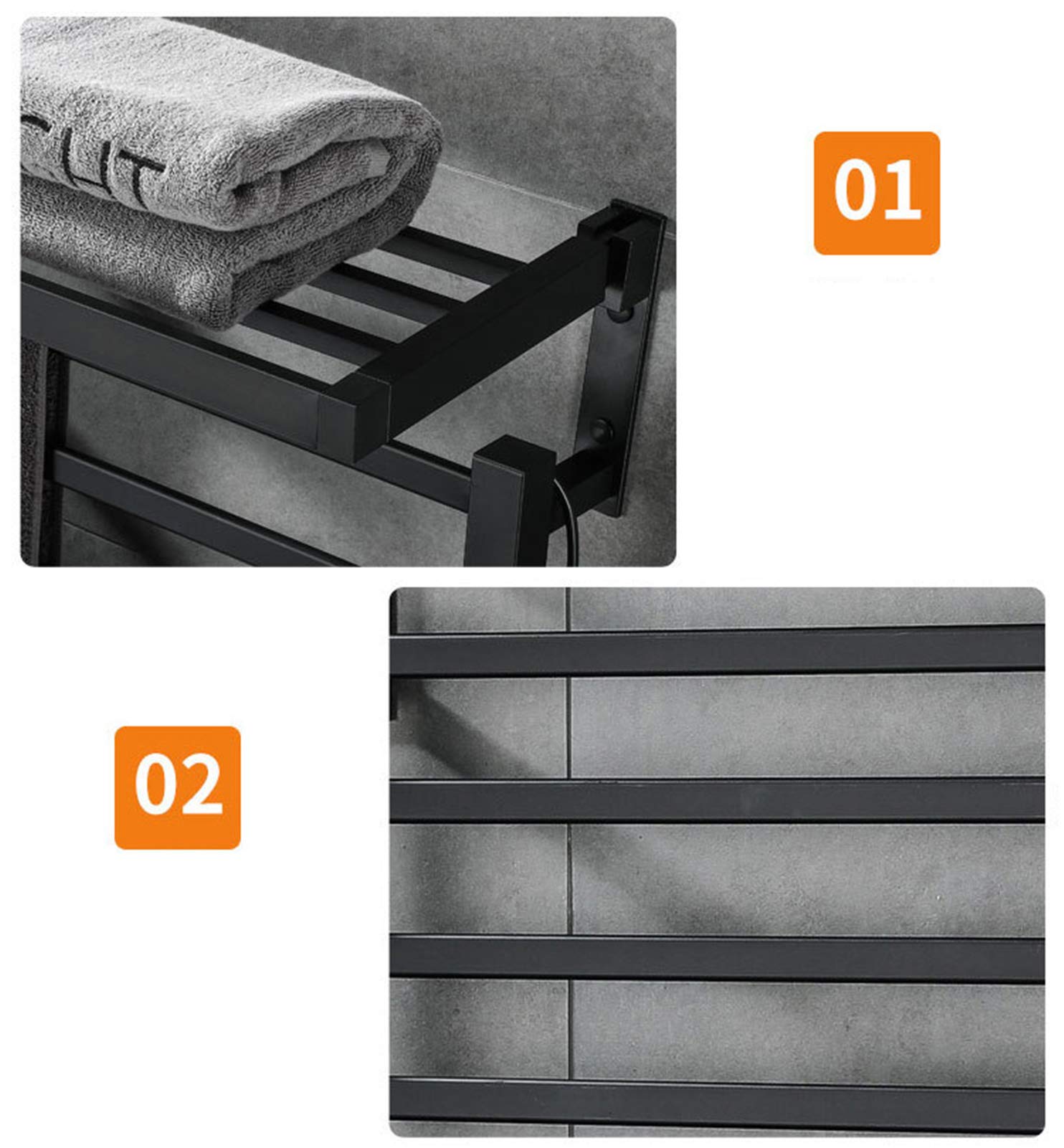 Scaldasalviette da bagno con presa elettrica, da parete, con 4 barre tubolari quadrate, colore: nero