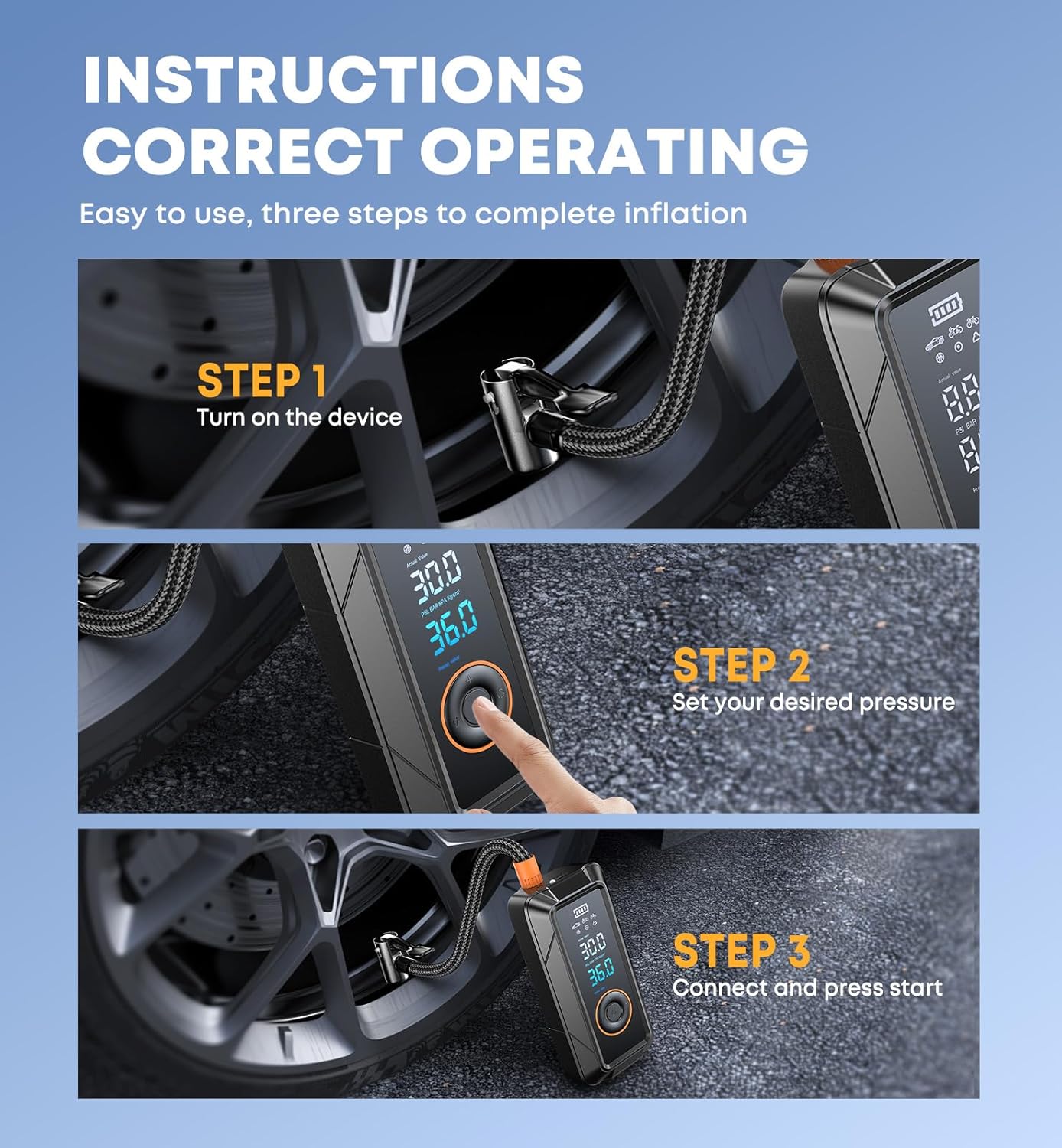 Tire Inflator Portable Air Compressor, Cordless & 12V DC Air Inflator for Car Bikes MotorcycleTires Balls with Auto Shut-Off, Digital Pressure Gauge, Compact Emergency Pump - Image 5