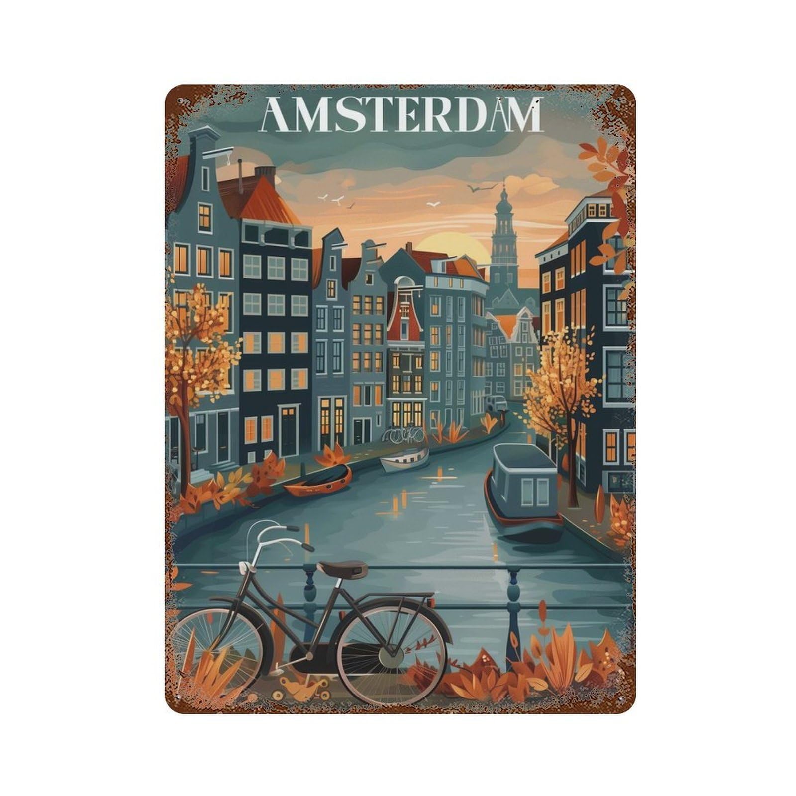 Amsterdam Canal Sunset Rusty Metal Tin Sign 15.7"x11.8", Rustic Home Decor for Living Room, Hallway And Home Decor
