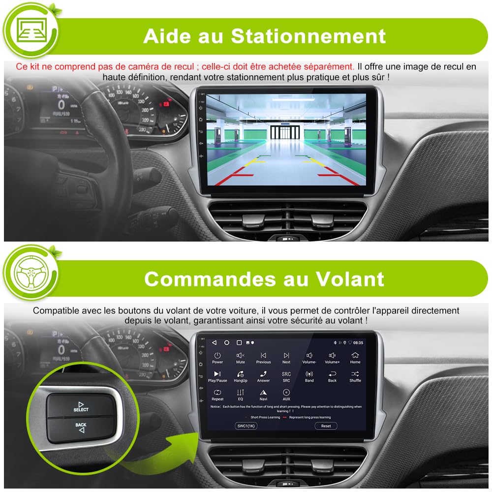 Autoradio Carplay pour Peugeot 208/2008 (2012-2018), Écran 10,1 Pouces 2Go+64Go, CarPlay & Android Auto,GPS WiFi Bluetooth FM, Commandes au Volant, Aide au Parking