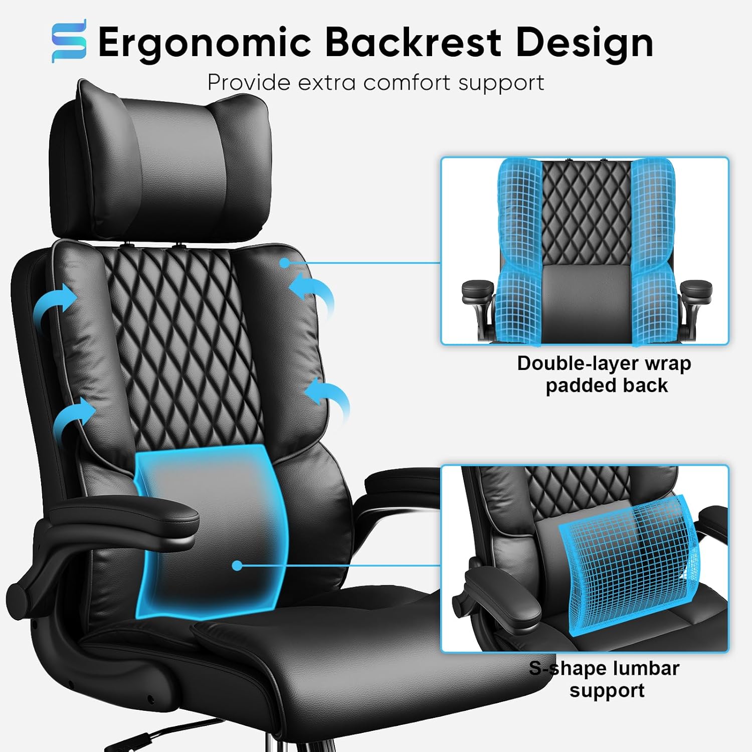 Sytas Executive Office Ergonomic Chair with Adjustable Headrest, PU Leather Desk Chair, High-Back Swivel Task Chair for Home Office, 135° Reclining, Black