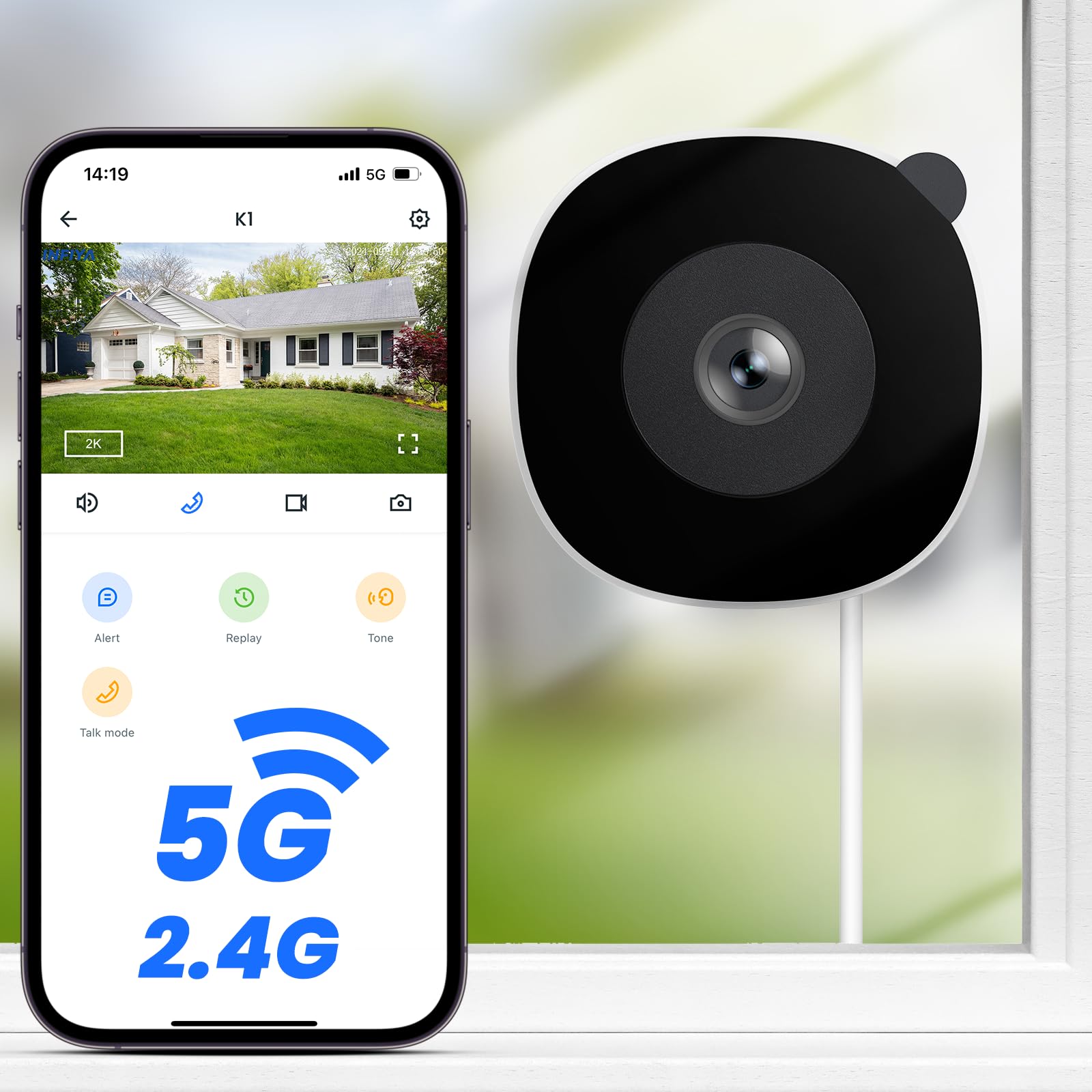 INFIYA 2K Window Camera, Security Camera, Dual Band WiFi Indoor Cameras for Home Security, Peel-and-Stick Installation, Human Detection, Night Vision, 24/7 Recording, K1