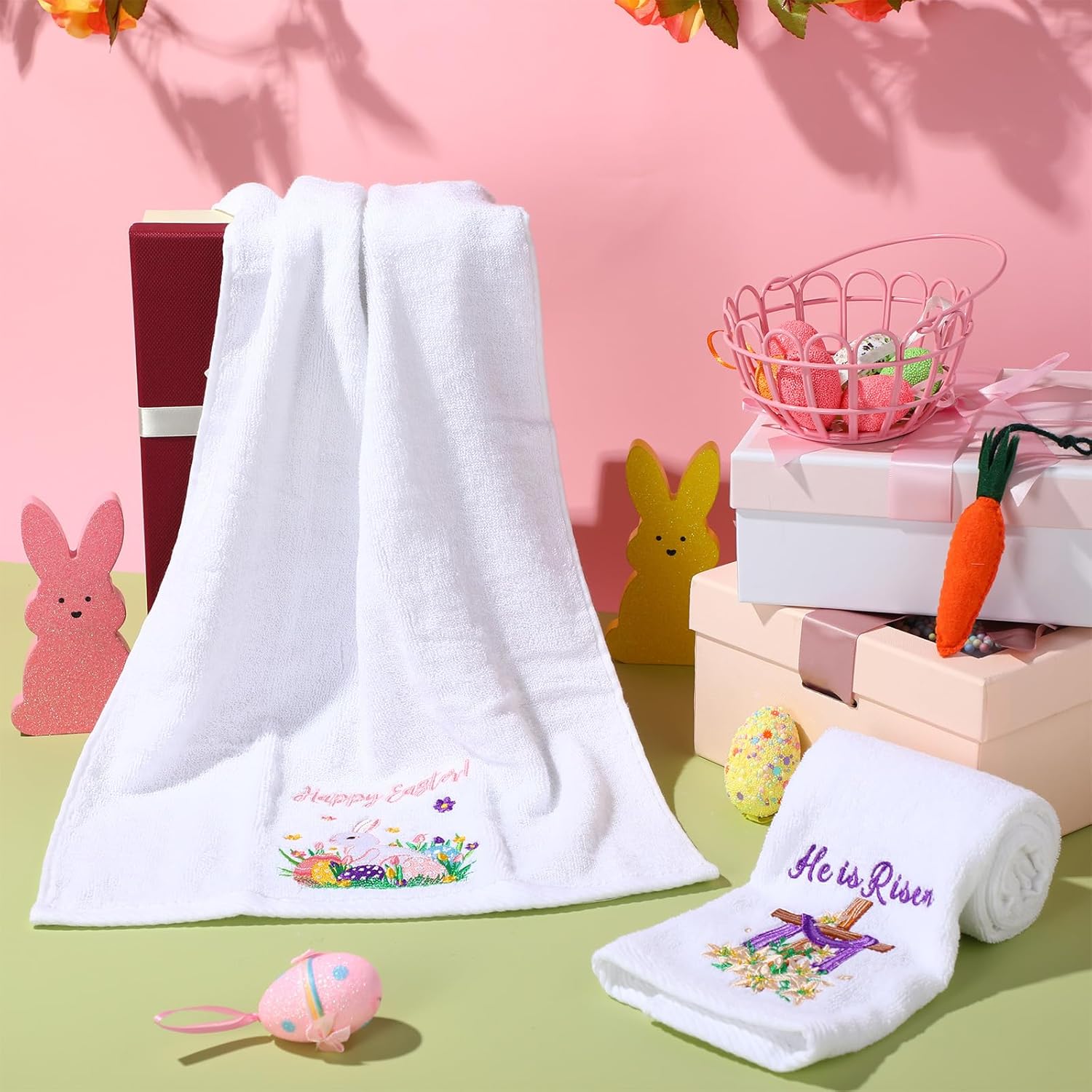 2 Pack Easter Bathroom Hand Towels Cotton Embroidered 13.7'' x 29.5'' Easter Bunny Hand Towel with Ribbon Decorative Happy Egg Dish Tea Towels Set for Drying Cleaning(Spring Floral) - Image 4
