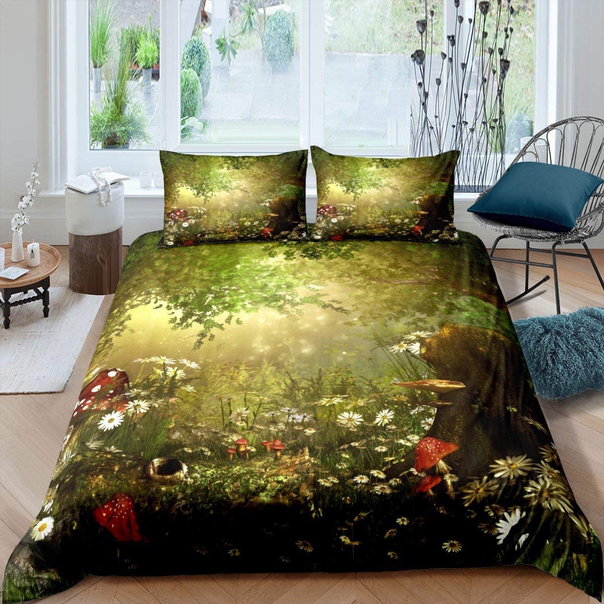 Homewish Boys Multi 06 Magic Comforter Cover Mushroom Duvet Cover Daisy Leaves Branches Sunset Nature Bedding Set Trippy Style Fairy Tale Theme Quilt Cover Home Room Decotive 2Pcs Single Size
