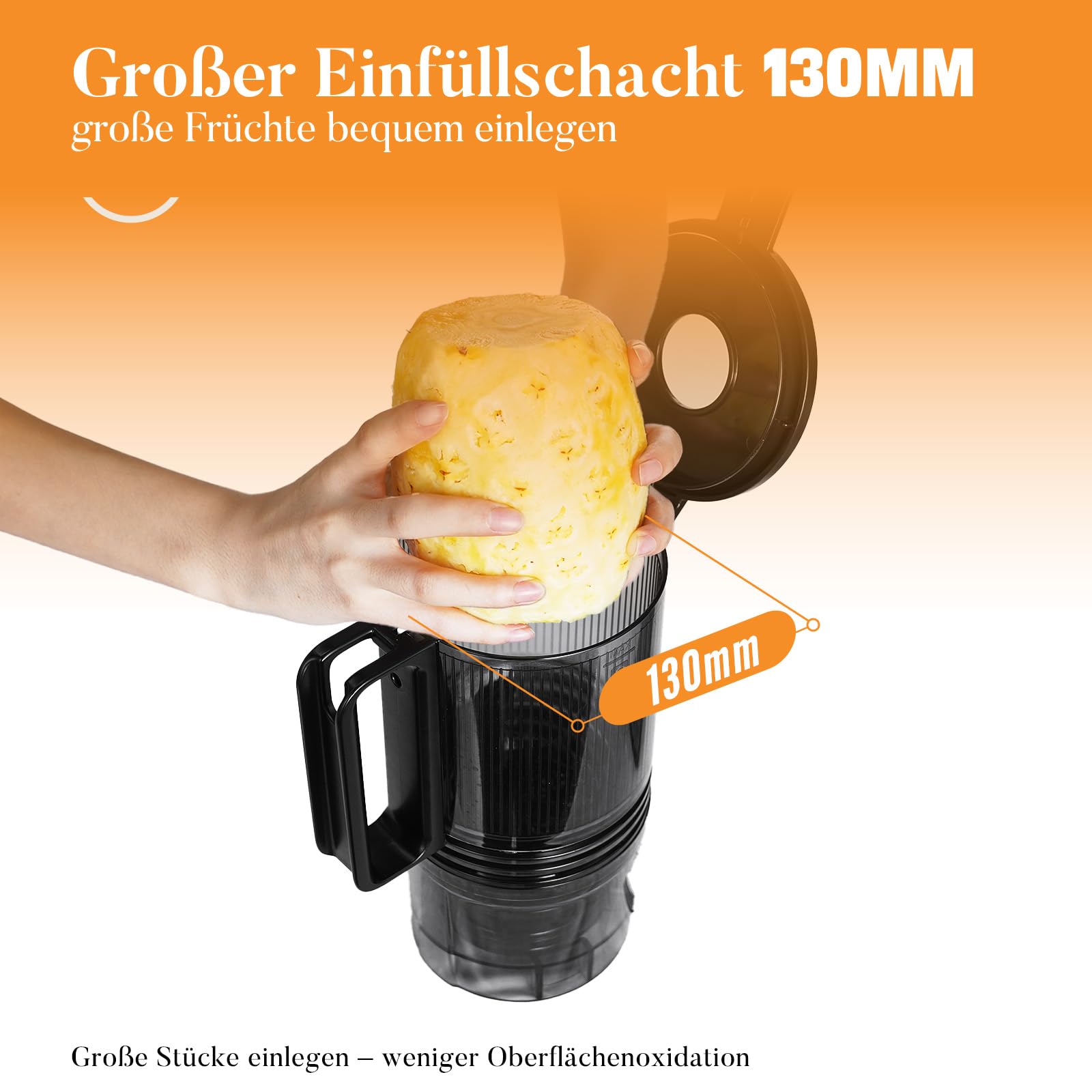Entsafter Slow Juicer, große Öffnung von 130 mm, 1,9 L Fassungsvermögen, 250 W, Vorwärts/Rückwärtslauf, hoher Ertrag, leicht zu reinigen mit Bürste, schwarz matt