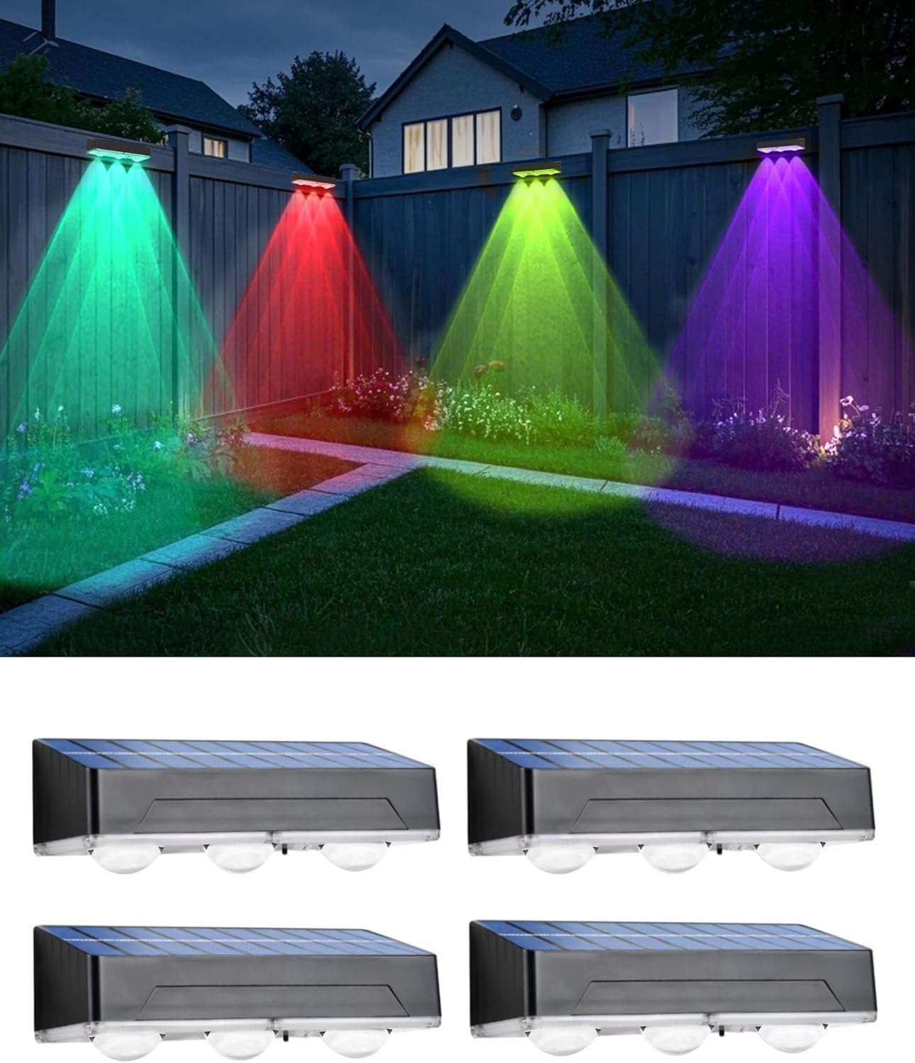 INDARUN Solar Fence Lights 4 Pack, Outdoor Solar Lights for Fence with 12 Modes, RGB Color Changing & Warm White & Cool White, Dusk to Dawn Fence Lighting, Waterproof for Patio Porch Backyard Decor