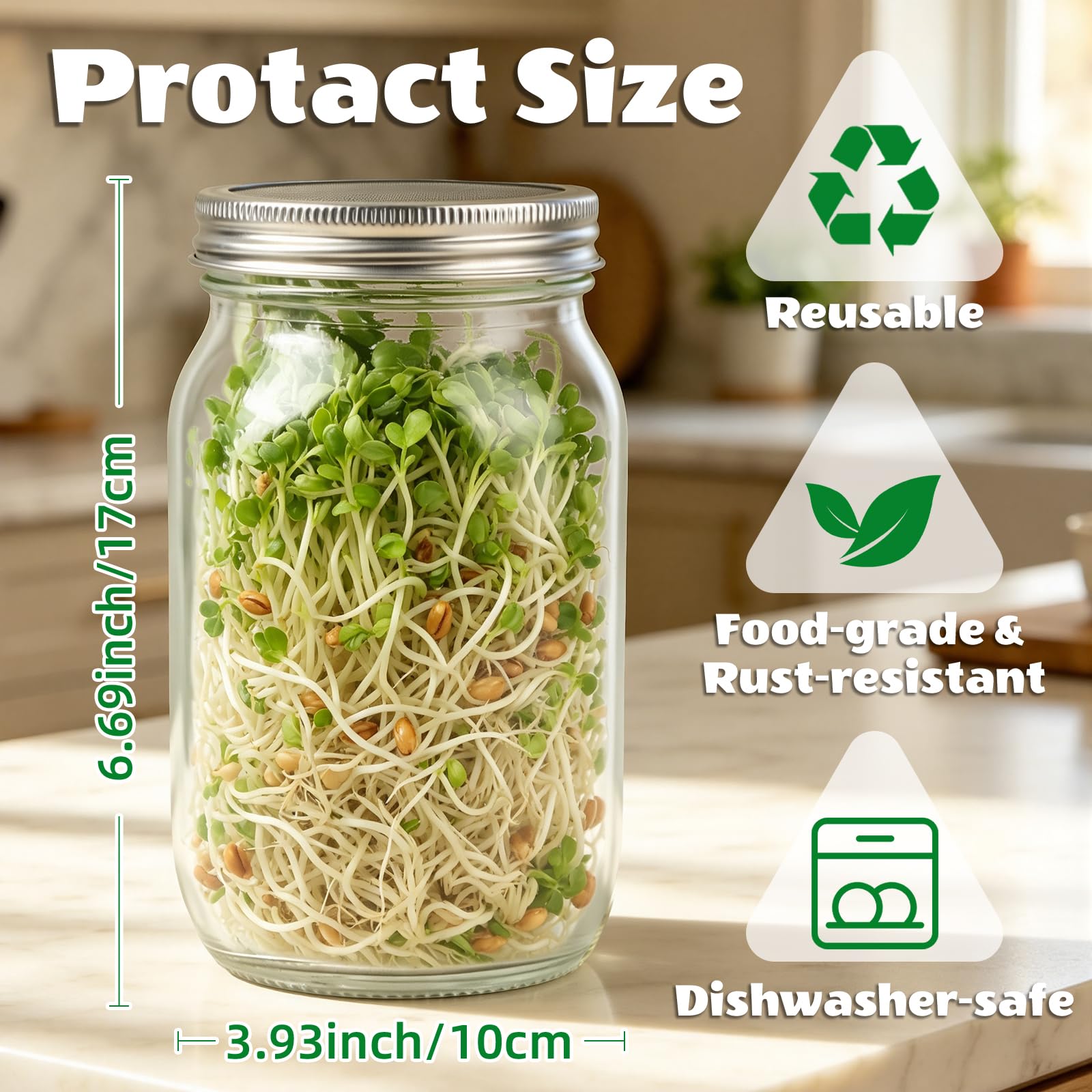 Lot de 4 pots de germination de graines – 4 bocaux Mason à large ouverture avec couvercles en acier inoxydable 316, 2 plateaux d'égouttement et 2 supports, ensemble complet de culture domestique pour