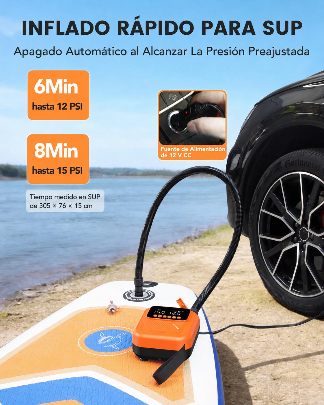 Bomba Eléctrica Sup 20 PSI, Inflador Paddle Surf Electrico | Parada Automática, Doble Pantalla Digital, Inflado/Desinflado, 7 Boquillas para Tablas de Sup Kayak Colchón Tienda Inflable