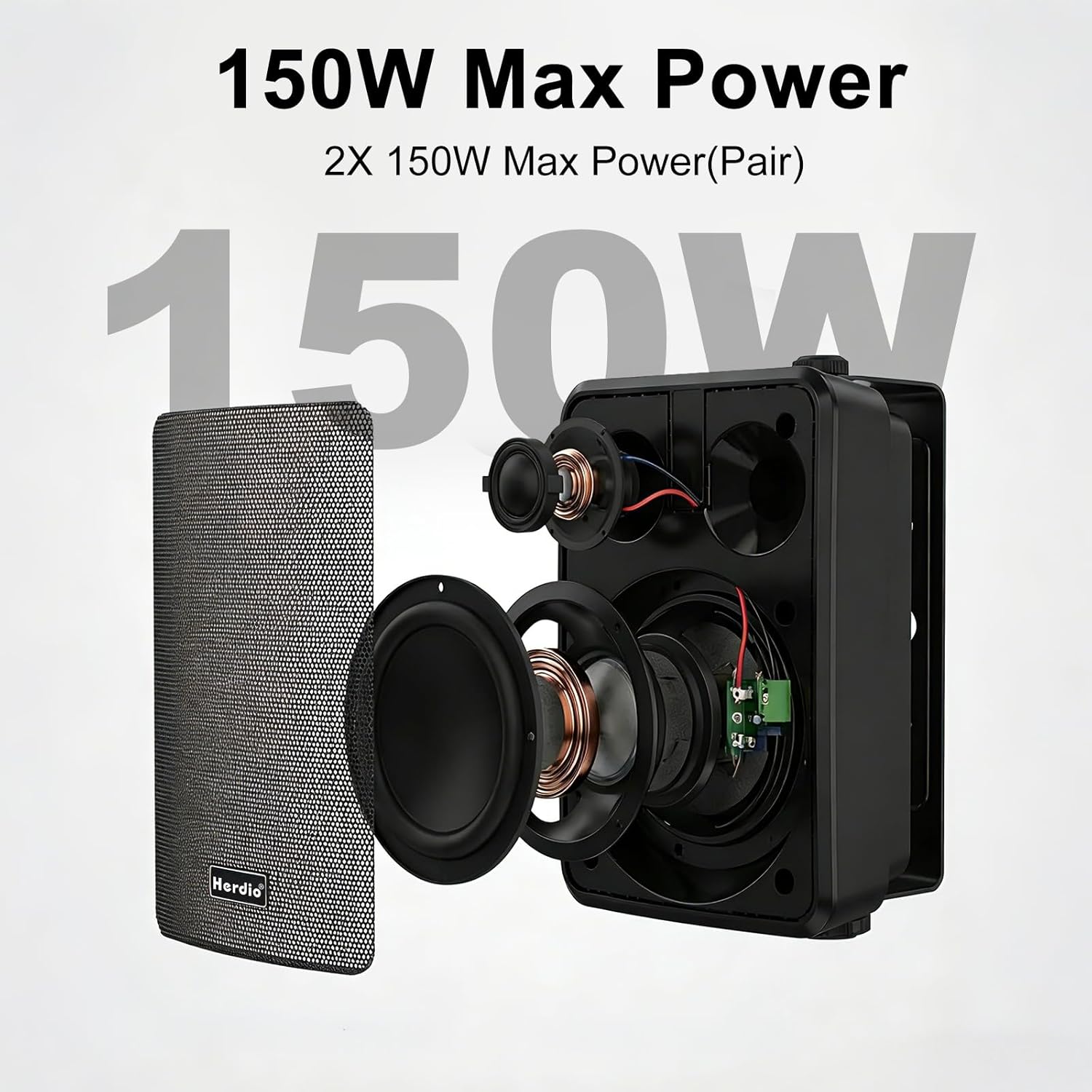 Herdio 5.25" 300W Outdoor Bluetooth Speakers, IPX5 Waterproof Rating and Be Able to Wireless Multi-Connection Up to 20 Units for Patio/Porch/Balcony (Black, 2-Pack)