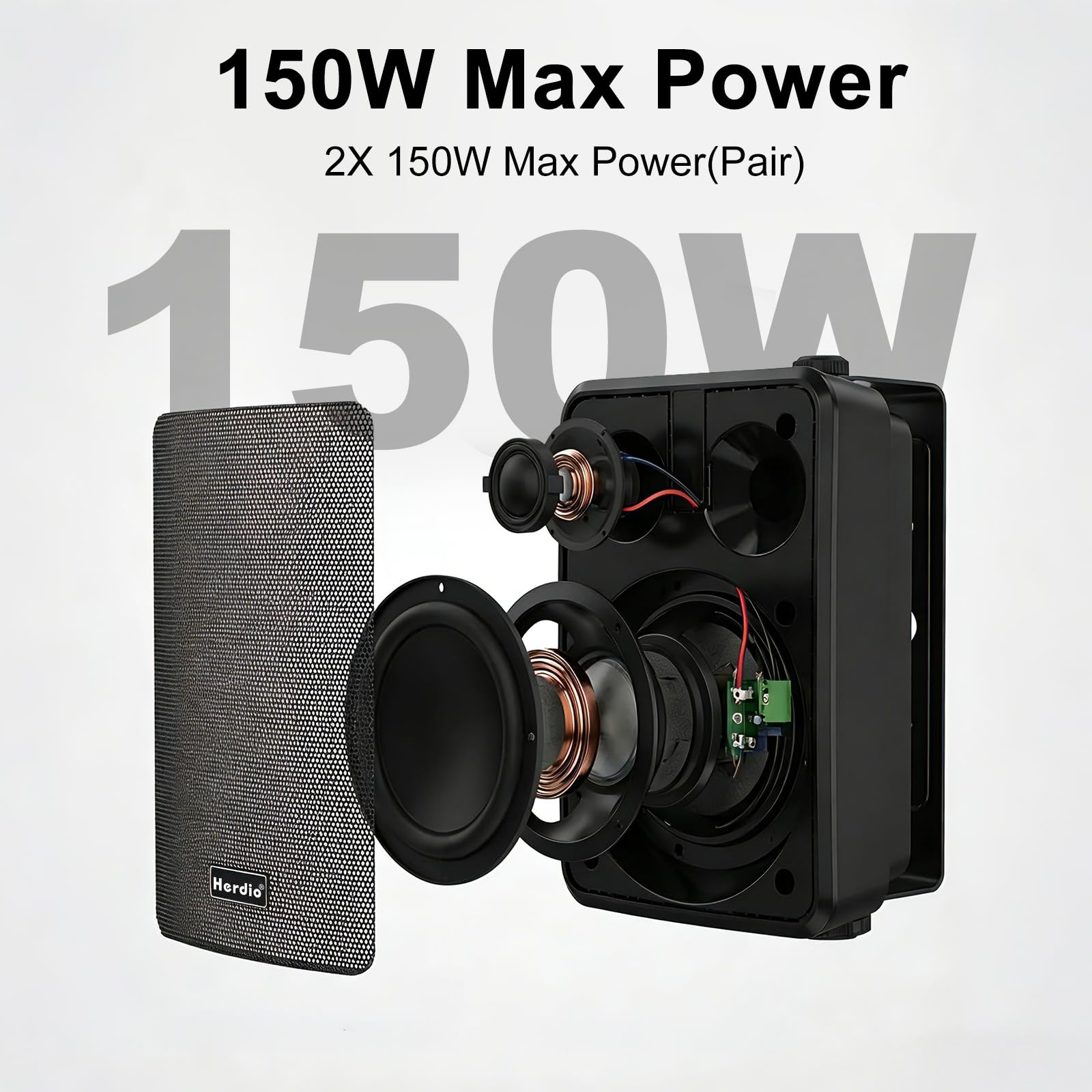 Herdio 5.25" 300W Max Power Wall Mount Outdoor Bluetooth Speakers, Be Waterproof and Able to Wireless Multi-Connection Up to 20 Units for Patio/Porch/Balcony (Black, 2-Pack)