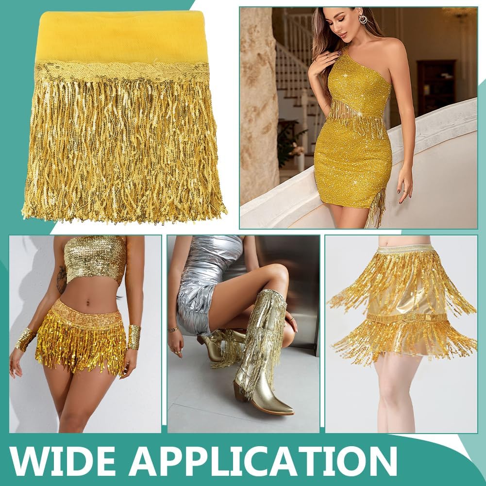 MAYJOYDIY 10Yards Gold Sequin Sewing Fringe Trim 13inch Wide Sparkling Sequins Lace Tassel Fringe Trim with Leaf Shape Embellishment for Latin Dance Stage Costume Dress Sewing Crafts Party Decors