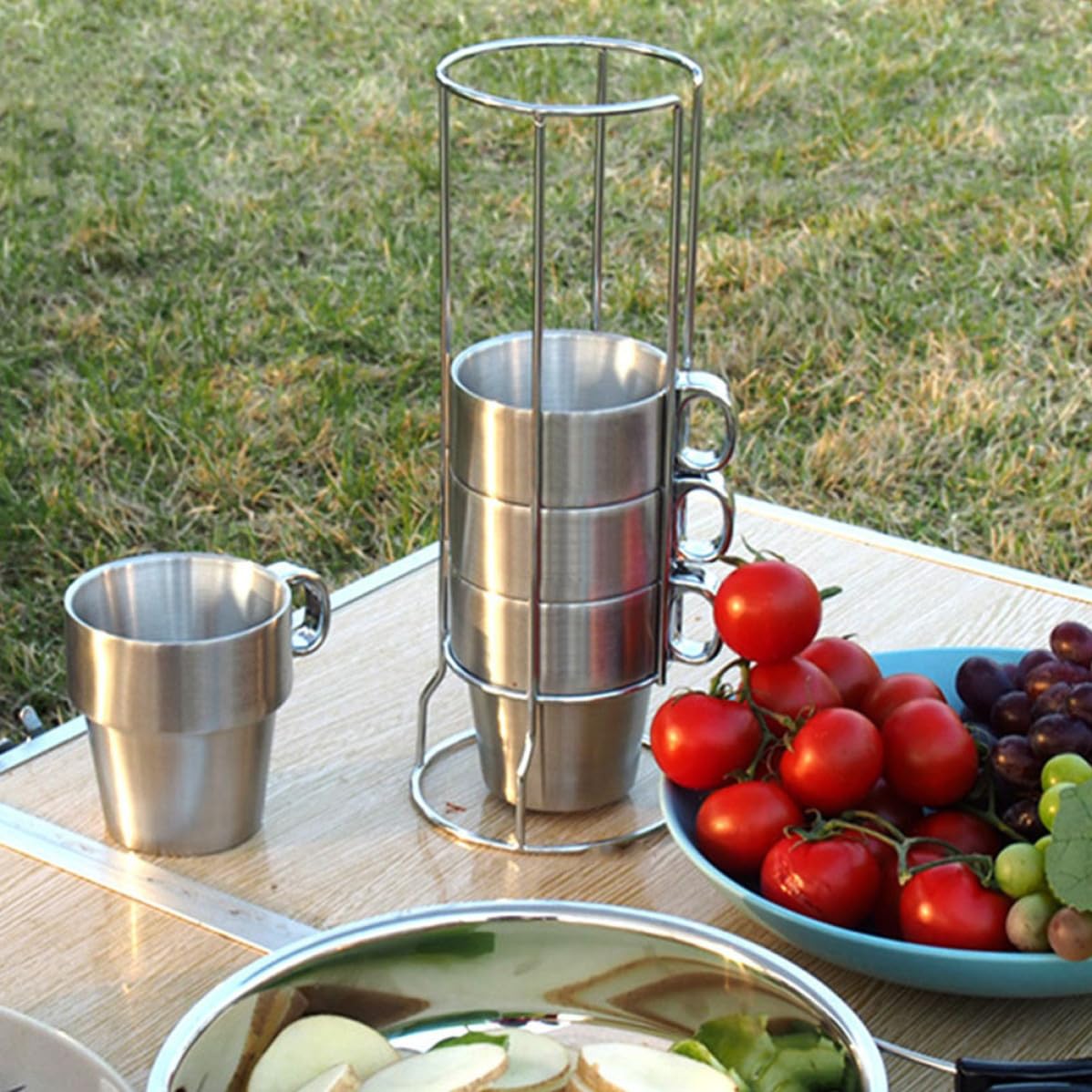 IMIKEYA Satz aus 4 Doppelwandigen Edelstahl Kaffeebechern mit Ständer Isolierte Camping Becher aus Edelstahl Stapelbar und Hitzebeständig für Outdoor Picknick