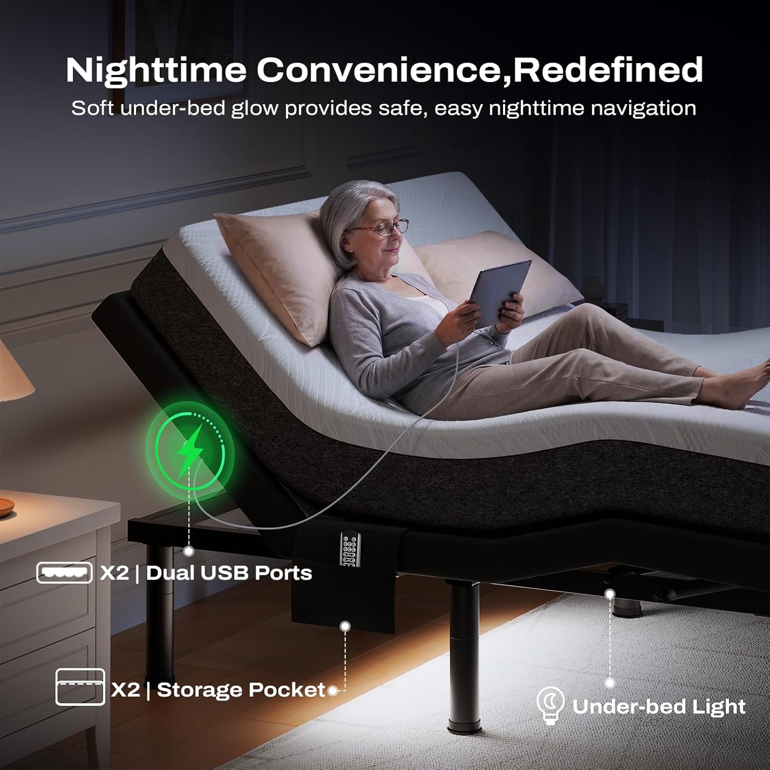 Twin XL Adjustable Bed Frame with Massage, Electric Bed Base with Head & Foot Incline, USB Ports & LED Night Light, Side Pocket, Wireless Remote, 3 Height-Adjustable Legs, Easy Assembly