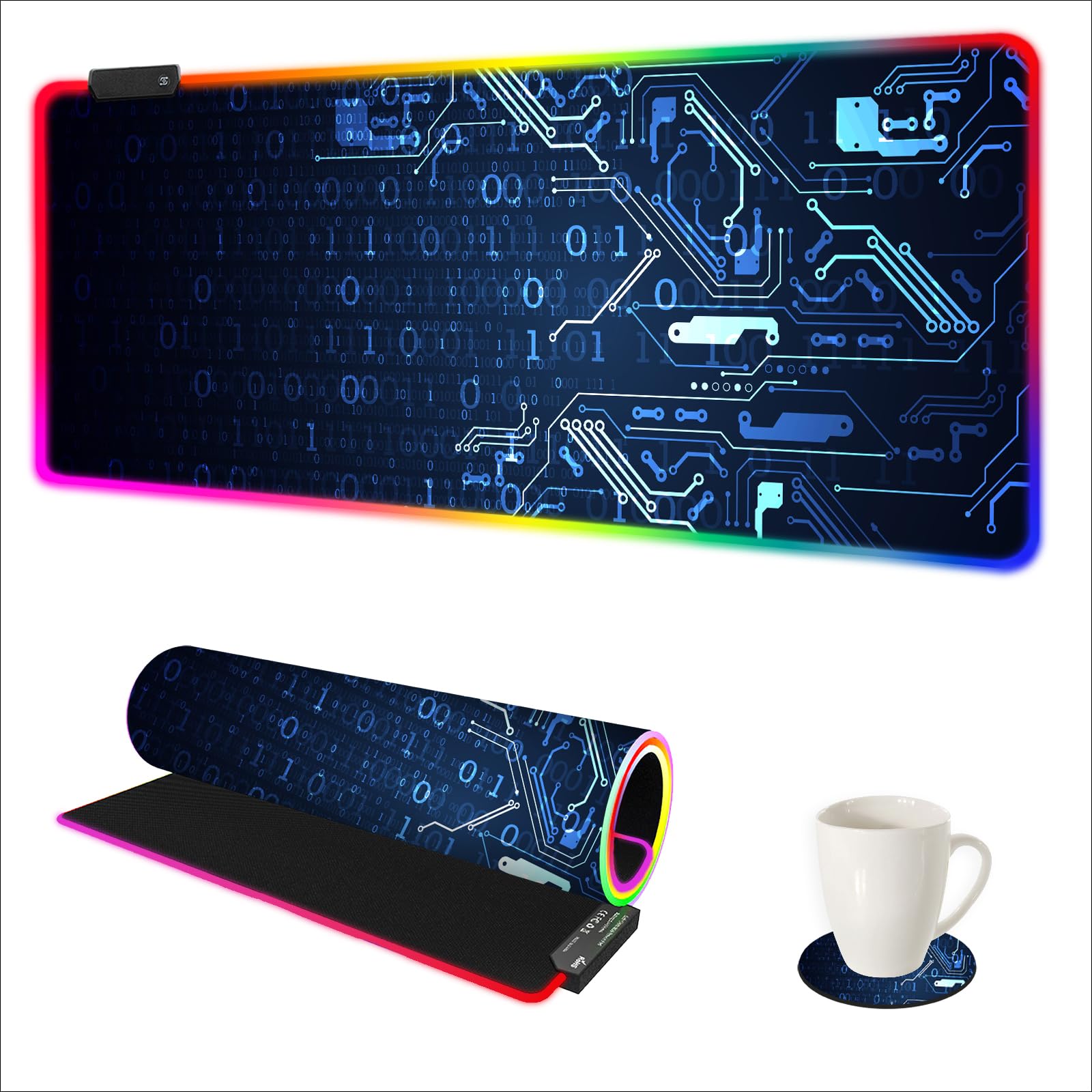 DINKY Extended RGB Gaming Mouse Pad, XXL Large Gaming Mouse Mat for Gamer, Blue Circuit Board Motherboard Desktop Mat Mousepad with 14 Lighting Mode 35.4" x 15.8"