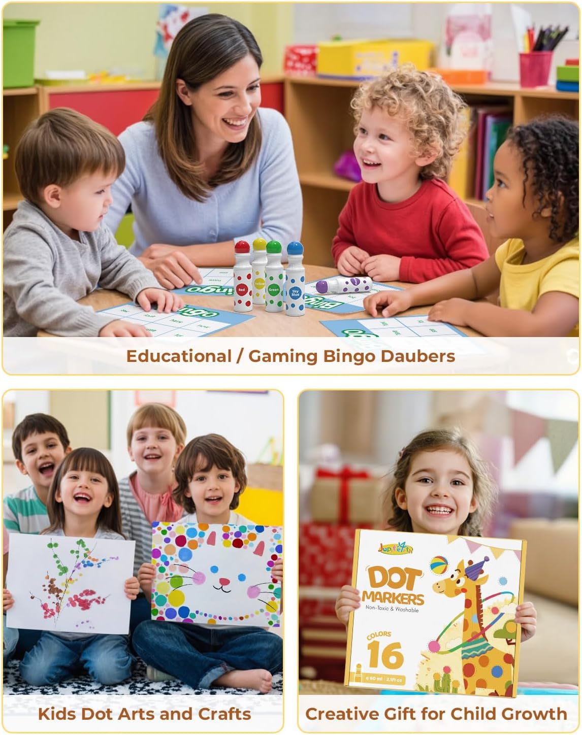 JUPITEARTH 42 PCS Dot Markers for Toddlers, 16 Colors Washable Bingo Daubers with 120 PDF & 24 Printed Activity Papers 2 Stencils, Non-Toxic Dot Paint for Toddler 1-3, Markers for Kid Arts and Crafts