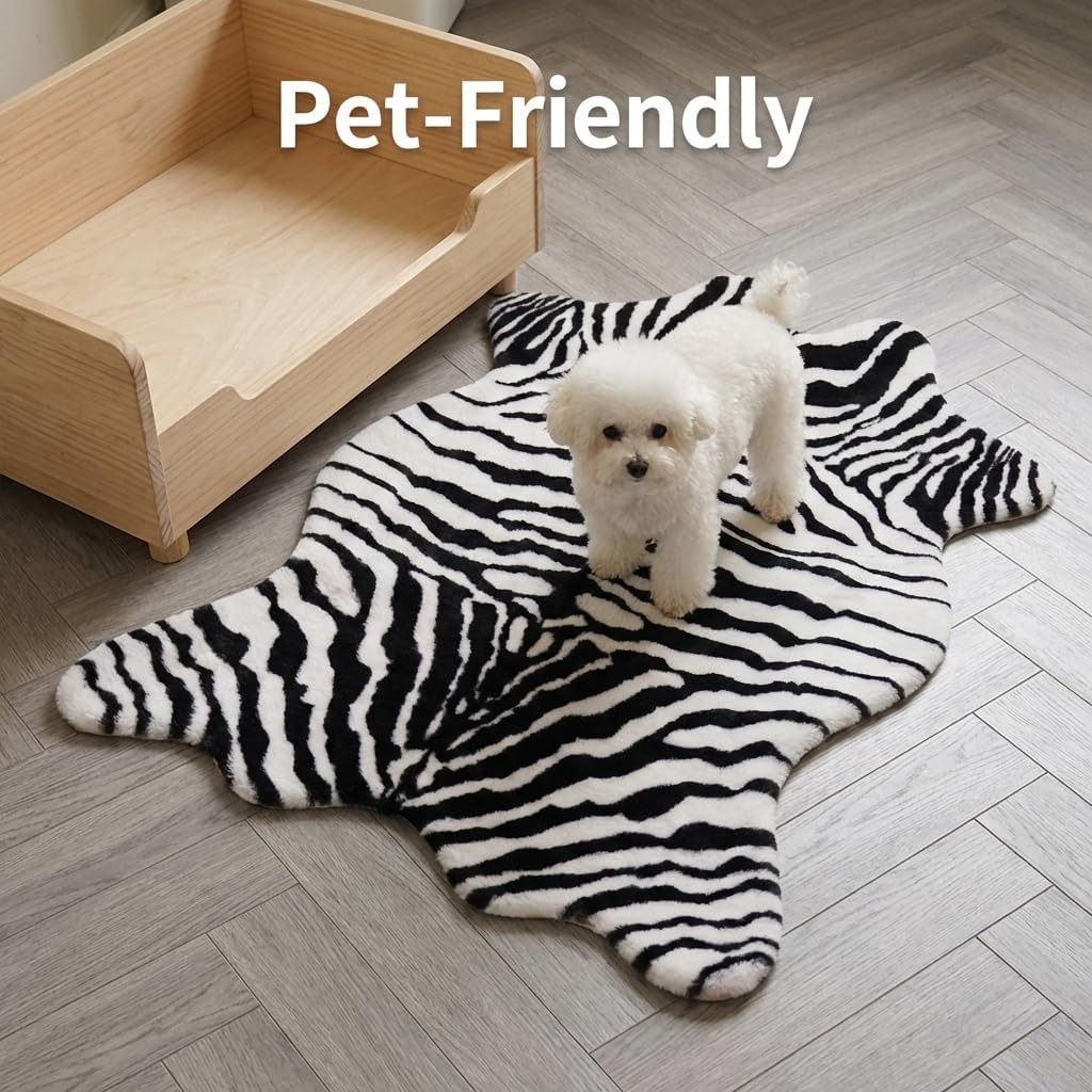 Zebra Rug for Living Room Decor - Faux Fur Animal Print Carpet， Perfect for Western, Rustic, or Boho Themes (Zebra, 2'6" x 3'7")