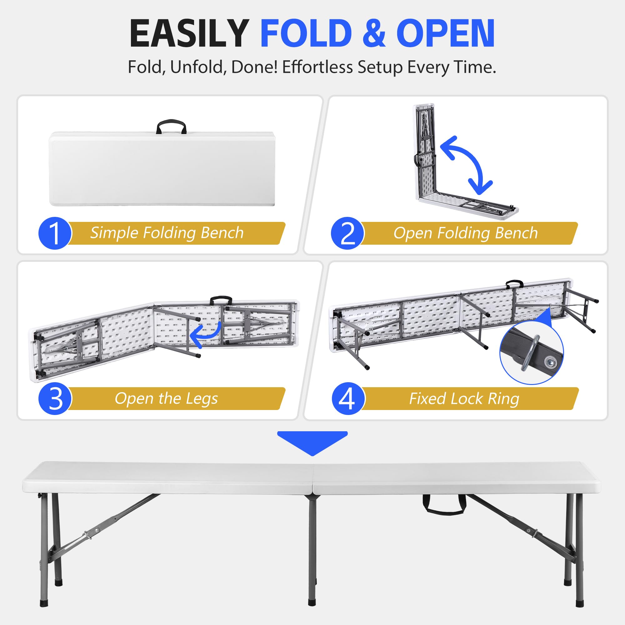 Banc pliable en plastique de 1,8 m – Siège d'extérieur portable pour pique-niques, camping, salle à manger, fêtes et jardins – Table polyvalente polyvalente pour le football et le divertissement
