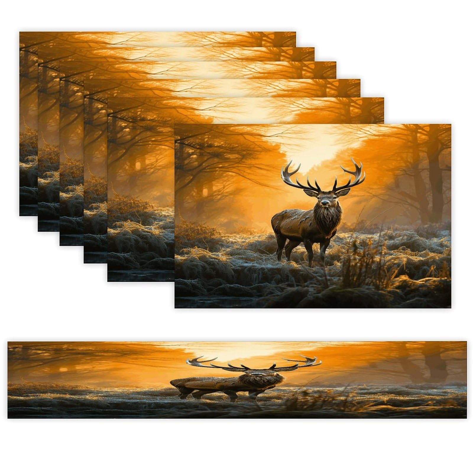 Deer in Forest Table Runner and Placemats of 6 Washable Heat Resistant Place Mats with Table Runner Vintage Holiday Table Mat Set for Holiday Party Kitchen Dining Deco