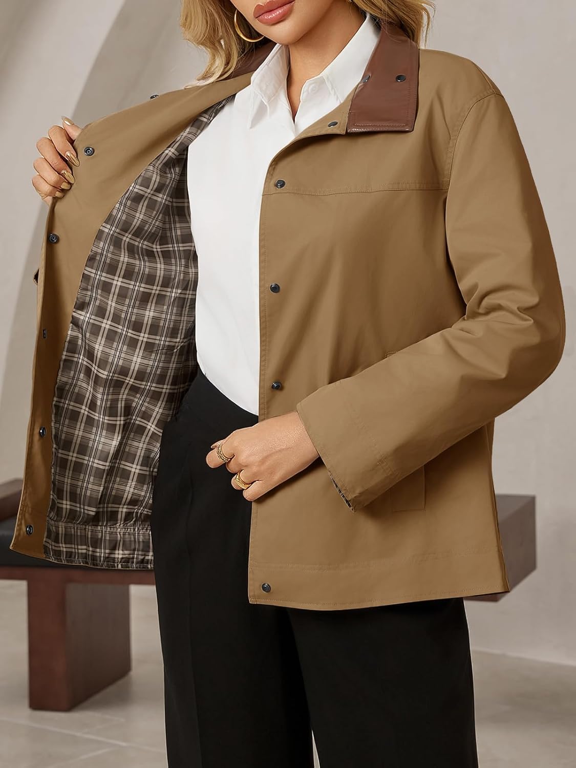 Tankaneo Womens Trench Coat Oversized Fall Barn Jacket Leather Collar Plaid Color Block Windproof Overcoat - Image 4