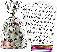 COQOFA 100 Pack Dog Paw Bone Cellophane Treat Bags 6x10" - Clear Food-Grade Candy Cookie Bags with Colorful Twist Ties for Pet Parties