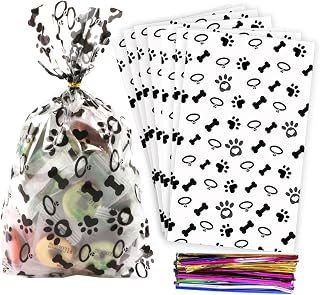COQOFA 100 Pack Dog Paw Bone Cellophane Treat Bags 6x10" - Clear Food-Grade Candy Cookie Bags with Colorful Twist Ties for Pet Parties
