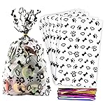 Coqofa 100 Pcs 6X10 Dog Paw Bone Cellophane Treat Bags - Clear Candy Cookie Bags with Twist Ties for Pet Treat Party Favor - Black