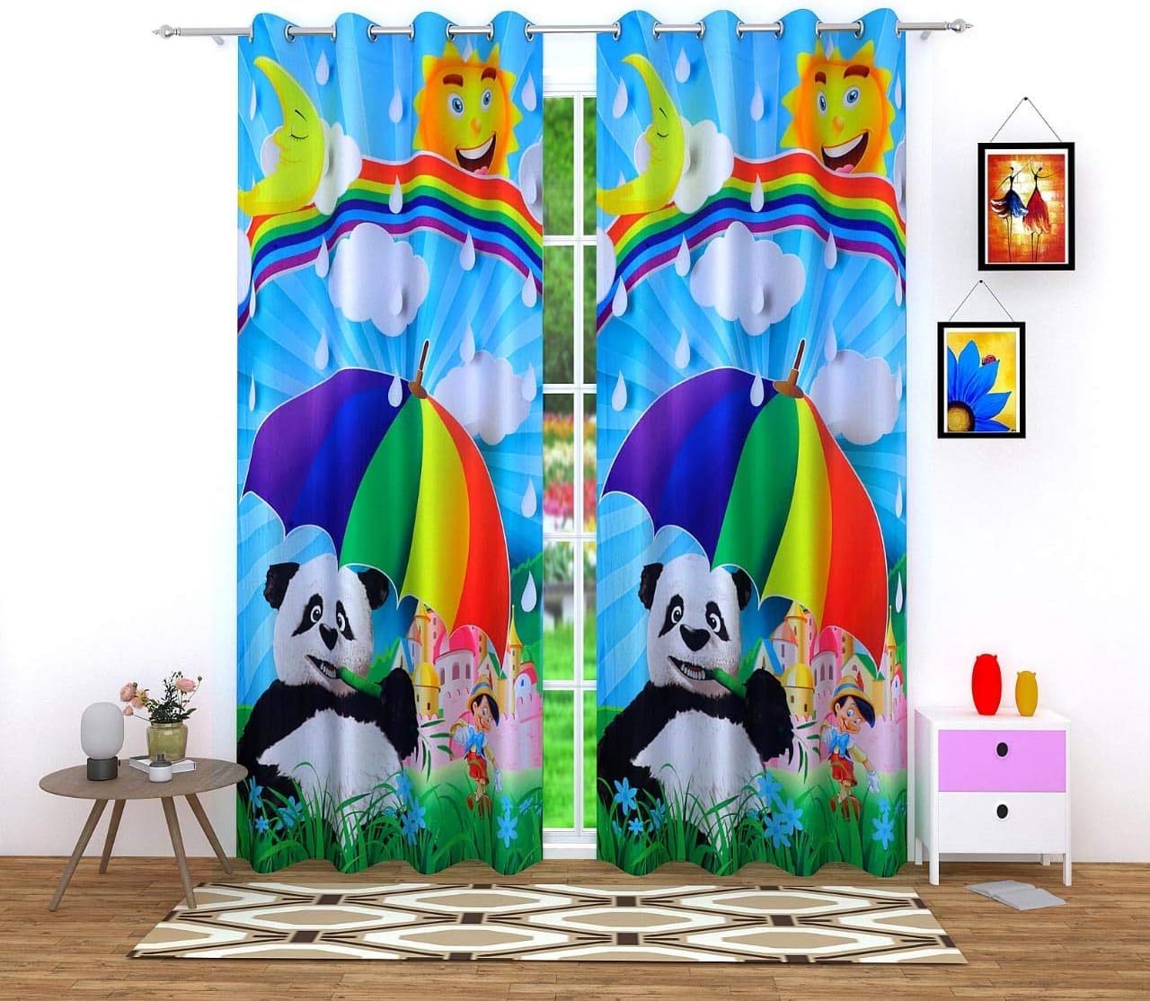 Polyester Blend 3D Panda Digital Printed Curtains for Kids Room/Play School - Set of 3 (7 Feet, Multicolor)