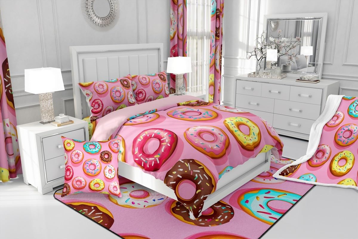 Erosebridal Food Bedding Set, Colorful Donuts Duvet Cover King Size for Kids Girls Boys, Dessert Design Comforter Cover, Soft Lightweight Bedspread Cover Bedroom Living Room Decor, Pink